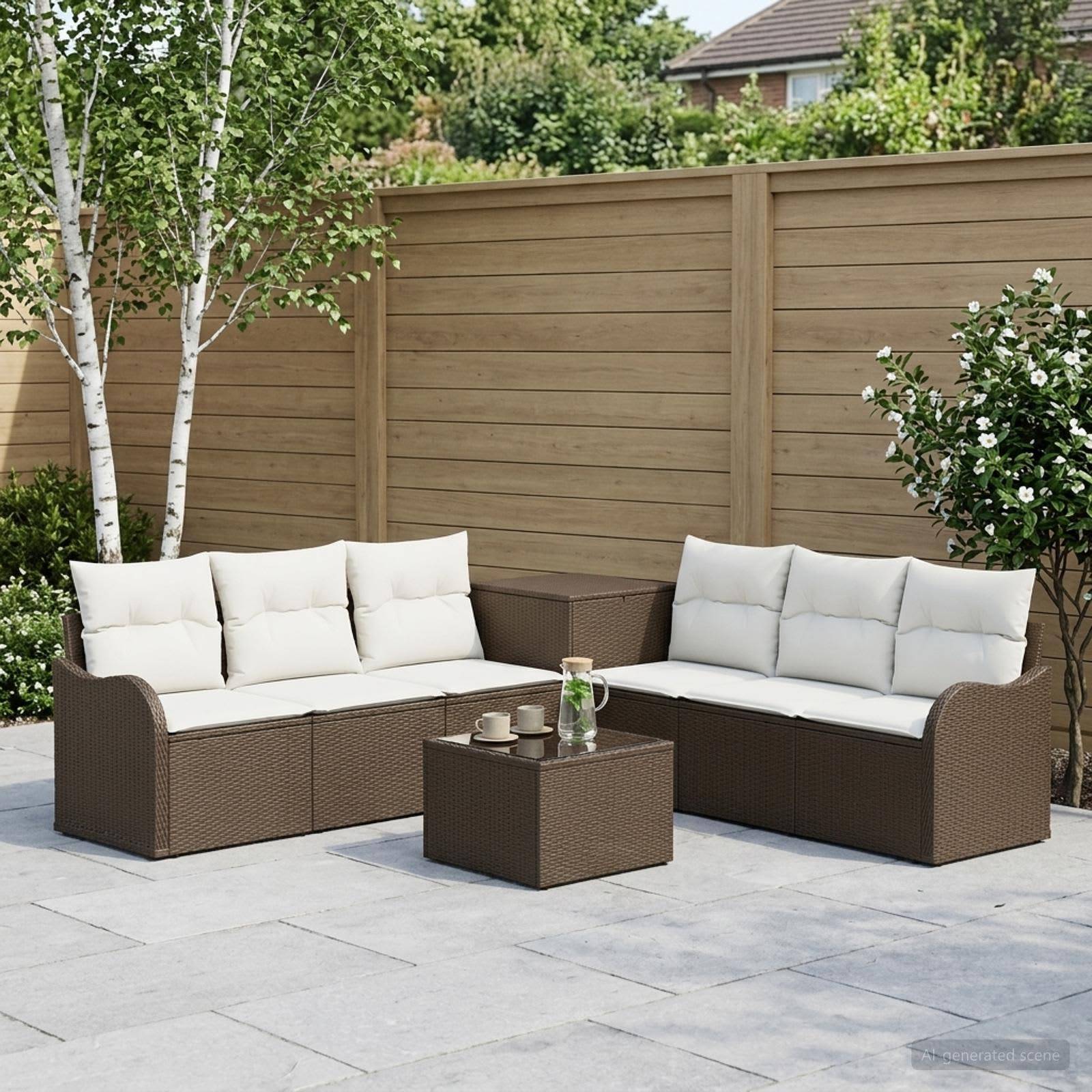 Outdoor-Terrassenmöbel mit zwei braunen Rattansofas, weißen Kissen und einem passenden Couchtisch auf einer Steinterrasse neben einem Holzzaun und Bäumen.