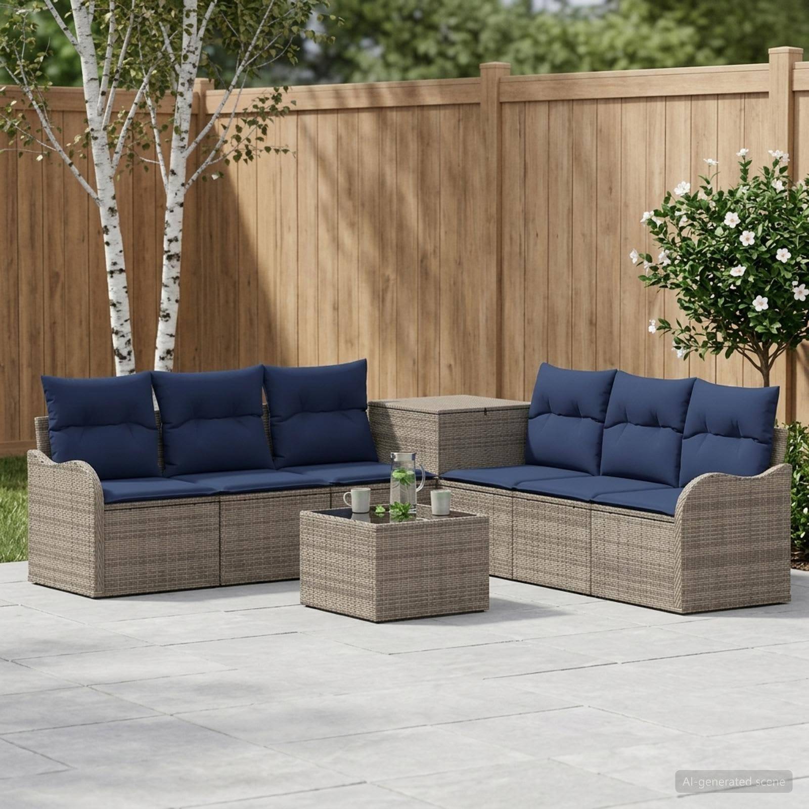 Outdoor-Sitzgarnitur auf der Terrasse mit zwei Rattansofas, blauen Kissen, passendem Ottomane und Couchtisch auf einer Betonterrasse neben einem Holzzaun.