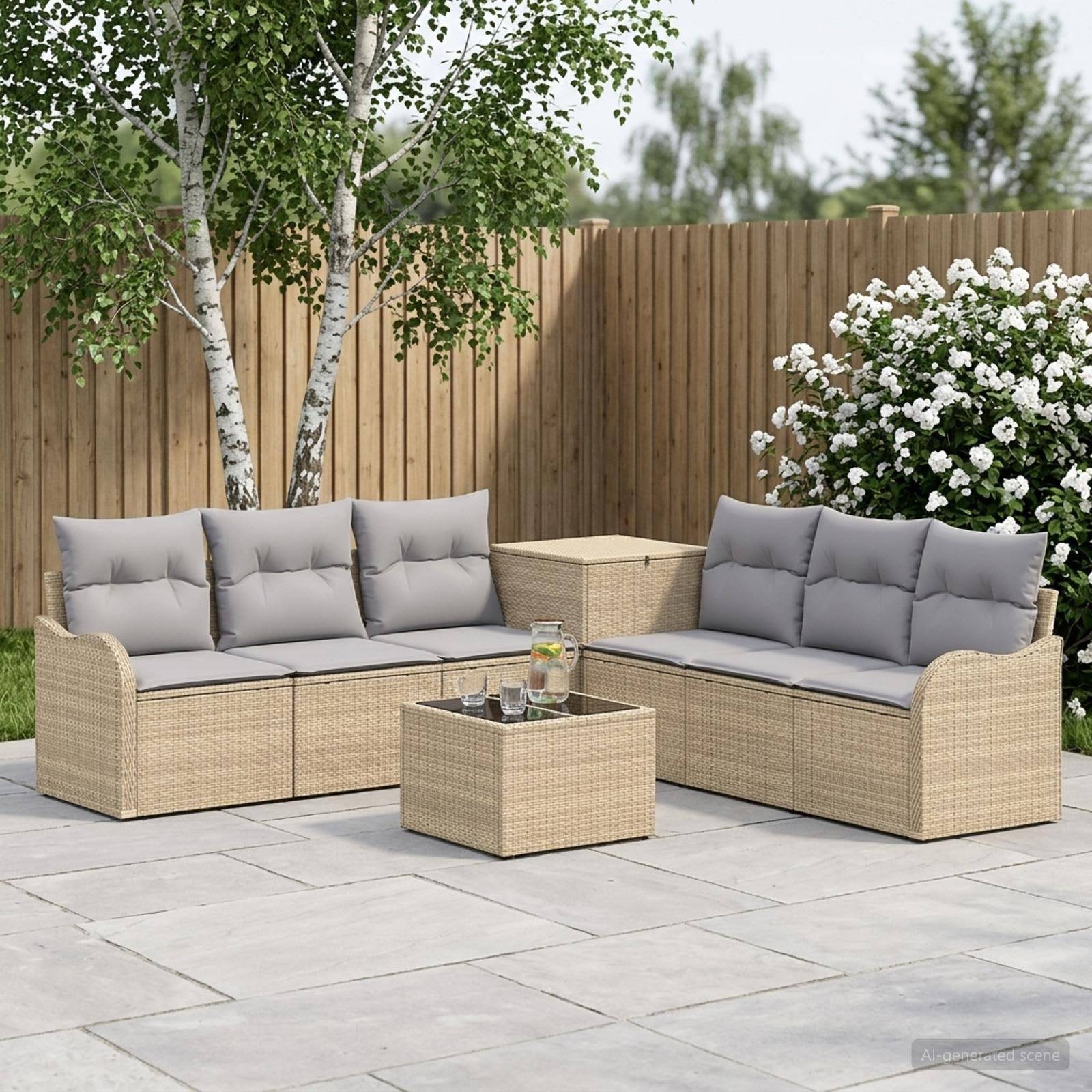 Gartentedasset mit zwei beigefarbenen Korber-Sofas, einem quadratischen Couchtisch und einem kleinen Beistelltisch auf einer Steinterrasse mit Bäumen, Zaun und Blumen.