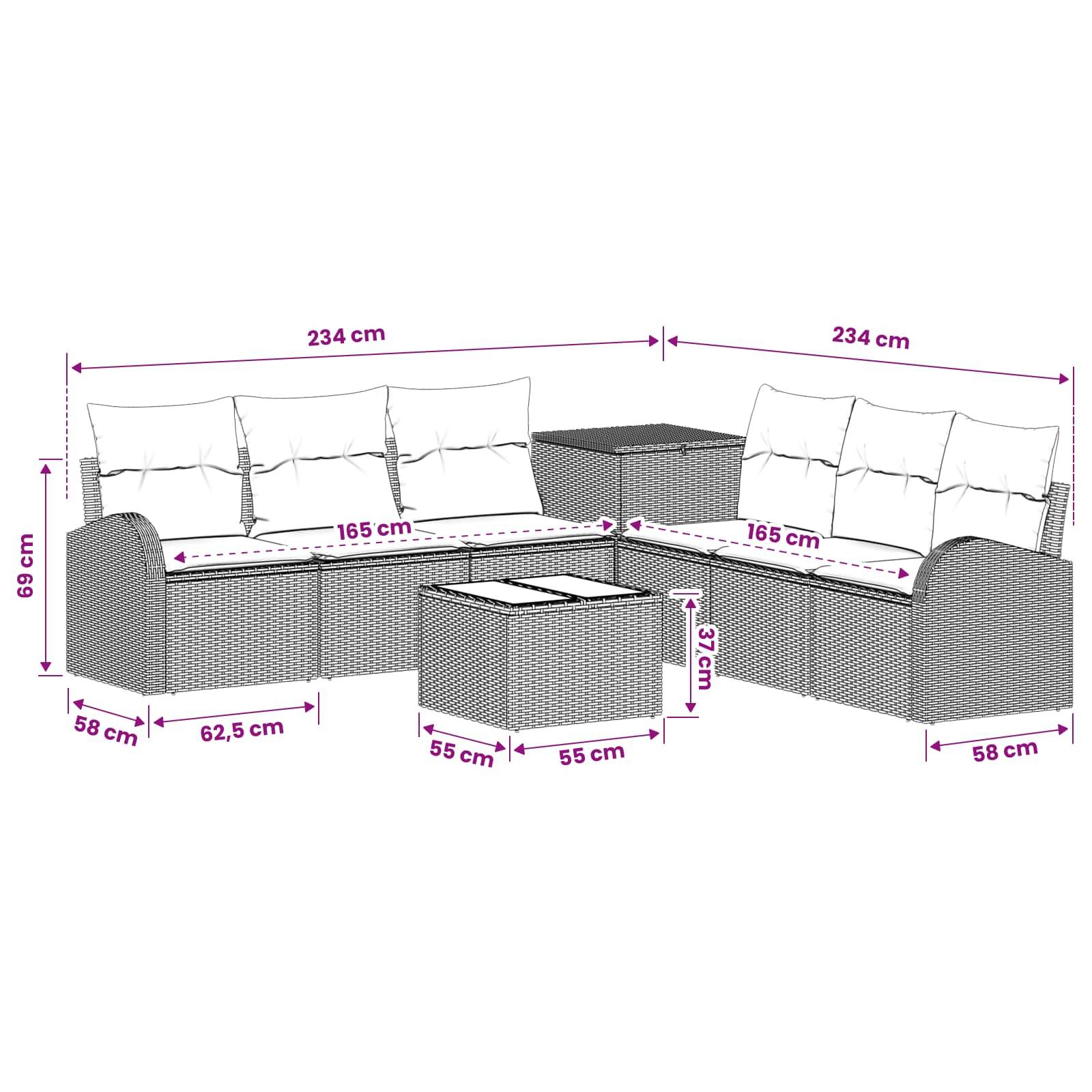 Diagramm eines modularen Flechtwerk-Patio-Sitzkomplexes mit Eck- und armlehnenlose Sitze, mit Abmessungen in Zentimetern: jede Seite 234 cm breit, 69 cm hoch, 58 cm tief, mit 165 cm Sitzbereichen und 55 cm Quadrattisch.