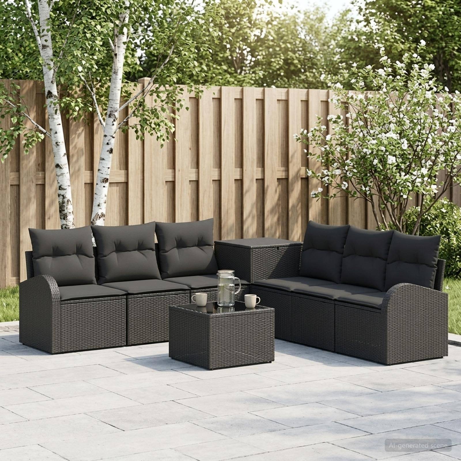 Außenterrasse mit schwarzem Rattan-Ecksofa-Set, Couchtisch und Beistelltisch vor einem Holzzaun und Bäumen.