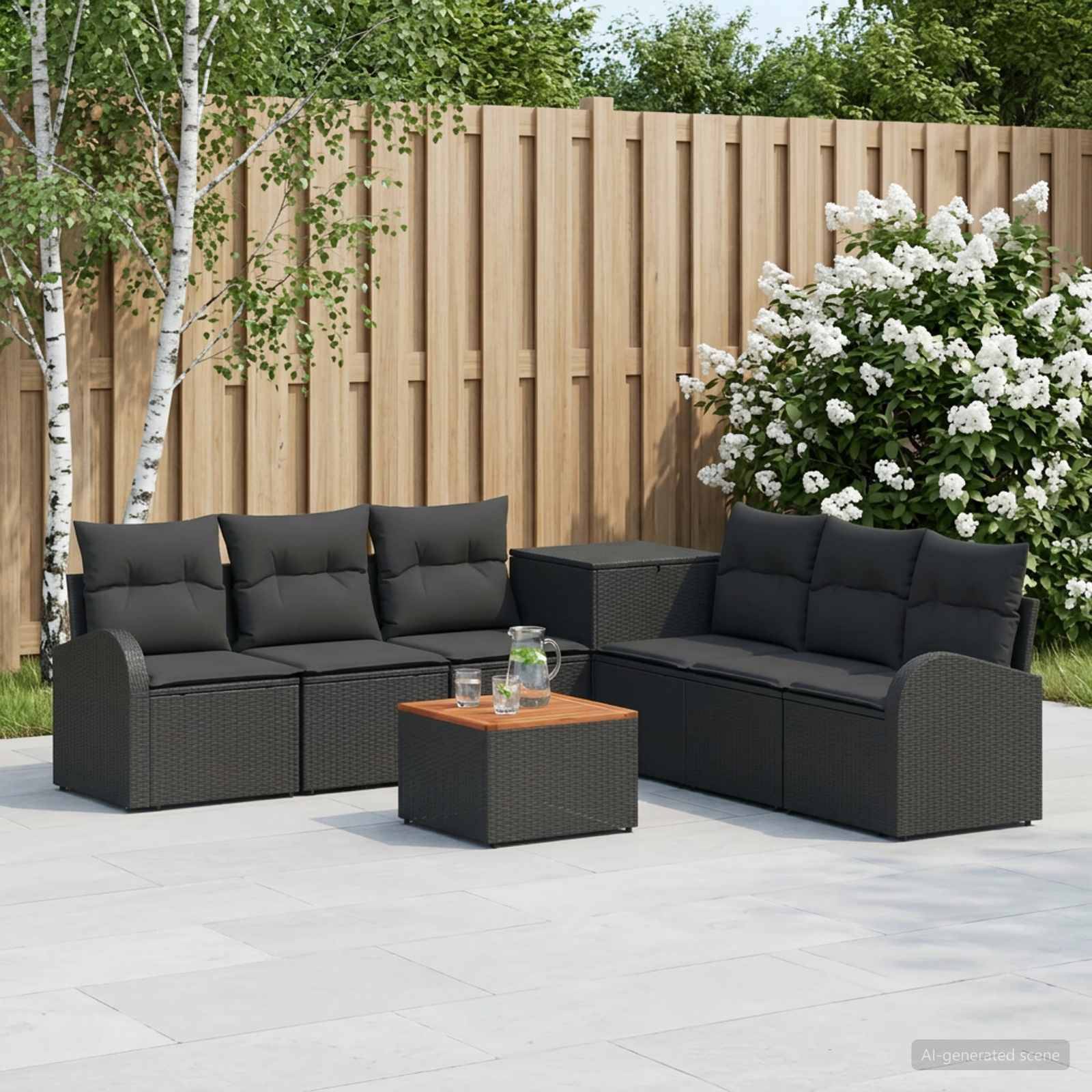 Außenbereich einer Terrasse mit zwei schwarzen Korbmöbel-Sofas, einem kleinen Couchtisch und einem Holzzaun mit Bäumen und blühenden Sträuchern dahinter.