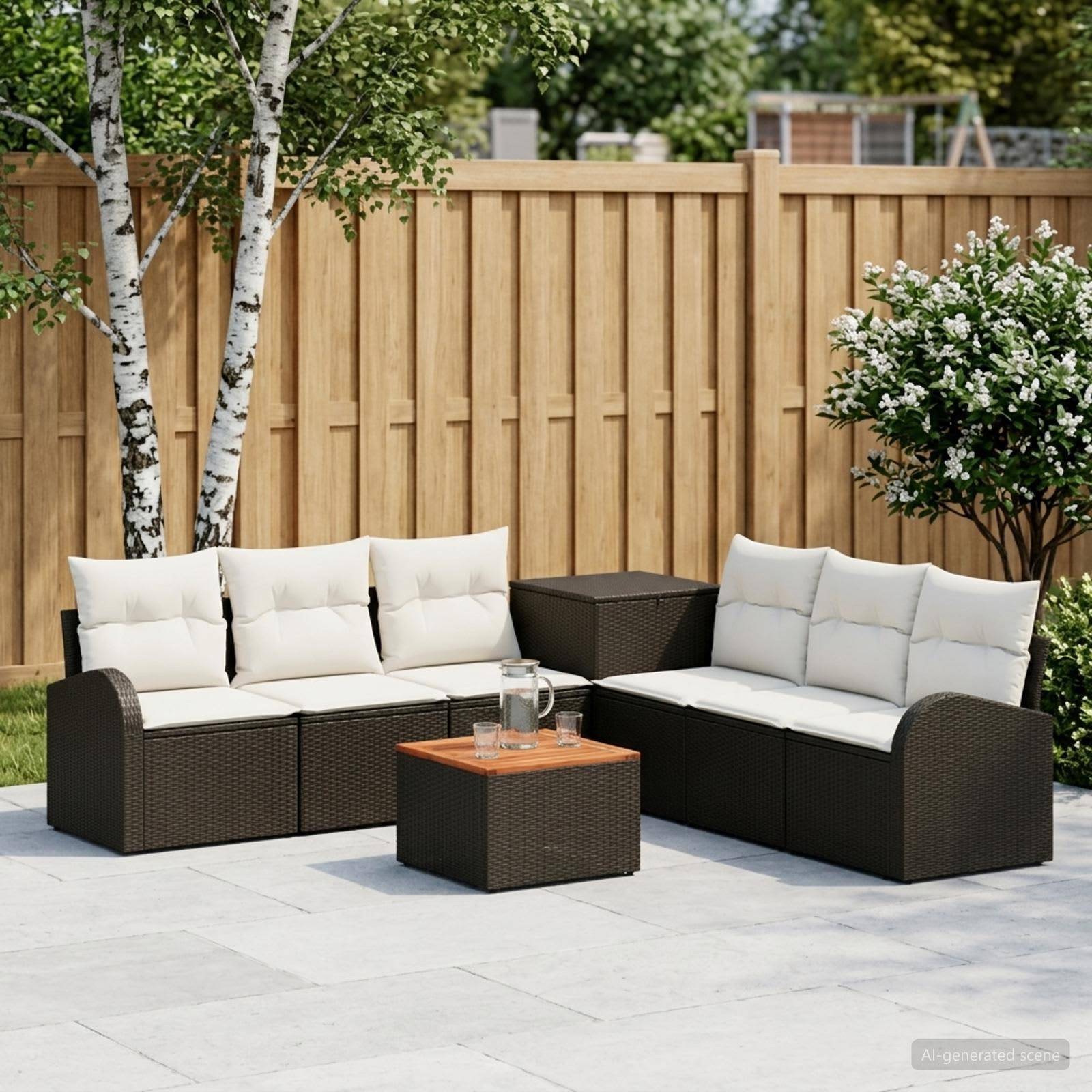 Outdoor-Terrassensitzgruppe mit zwei dunklen Korbsofas, weißen Kissen, einem kleinen Tisch und einem Holz-Sichtschutz hinter Birken und Sträuchern.