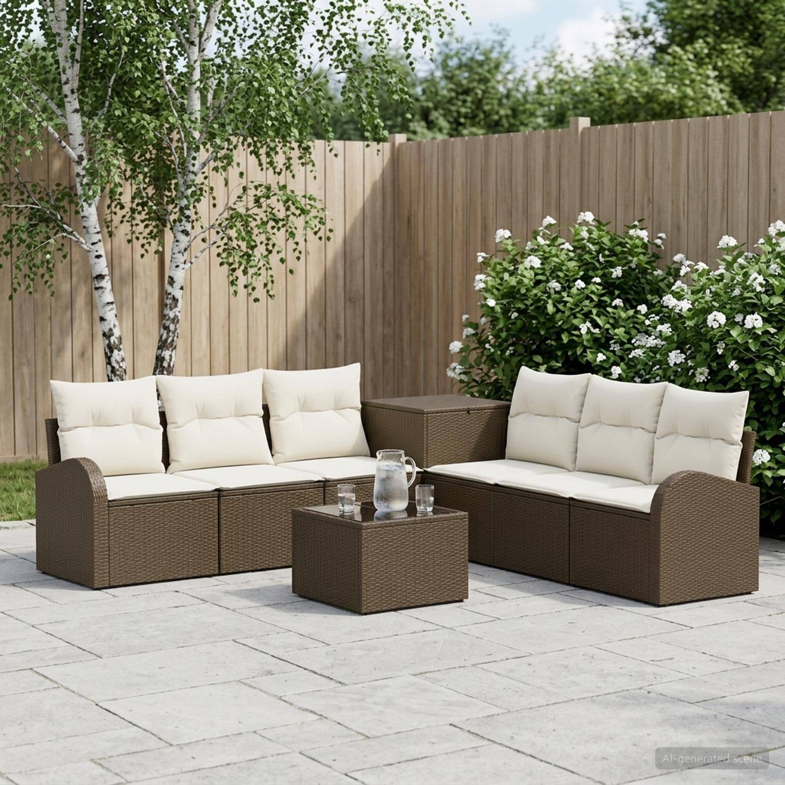 Gartenmöbel-Set für die Terrasse mit zwei braunen Rattansofas, weißen Kissen und einem passenden Couchtisch auf einer Steinterrasse neben einem Holzzaun und Büschen.