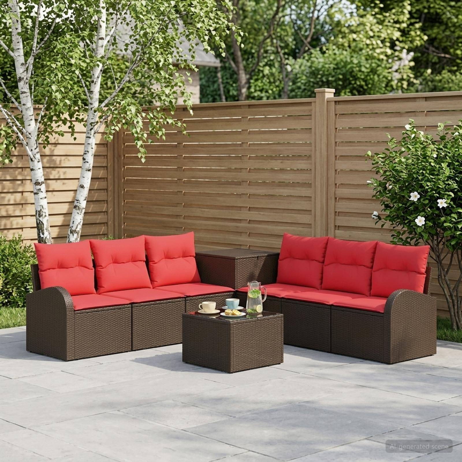 Gartenmöbel-Set für die Terrasse mit zwei braunen Korbsofas und einem passenden Couchtisch, jedes Sofa mit leuchtend roten Kissen ausgestattet.