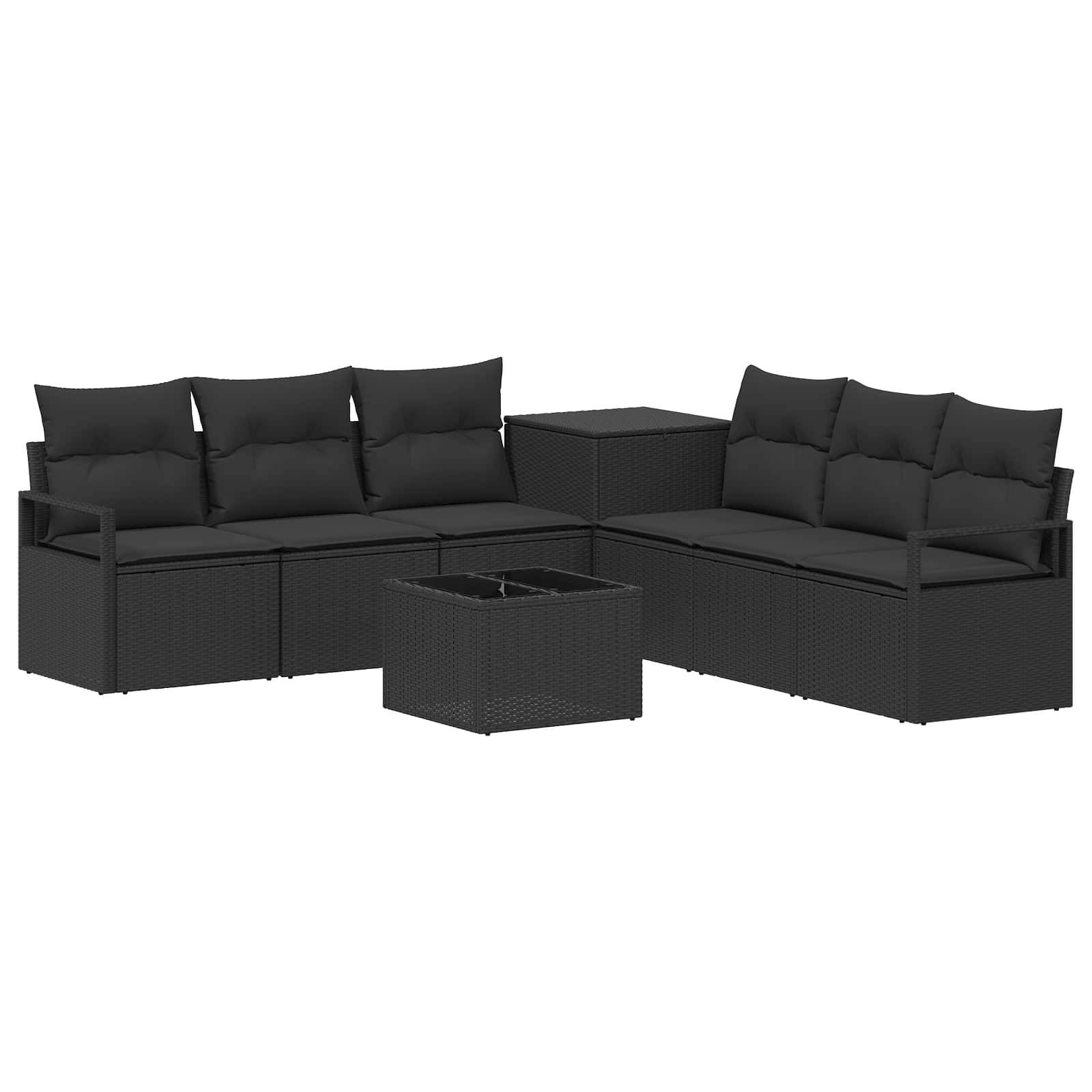 Schwarze Outdoor-Ecksofa-Set mit zwei Loveseats, Eckentisch und passendem Couchtisch auf weißem Hintergrund.