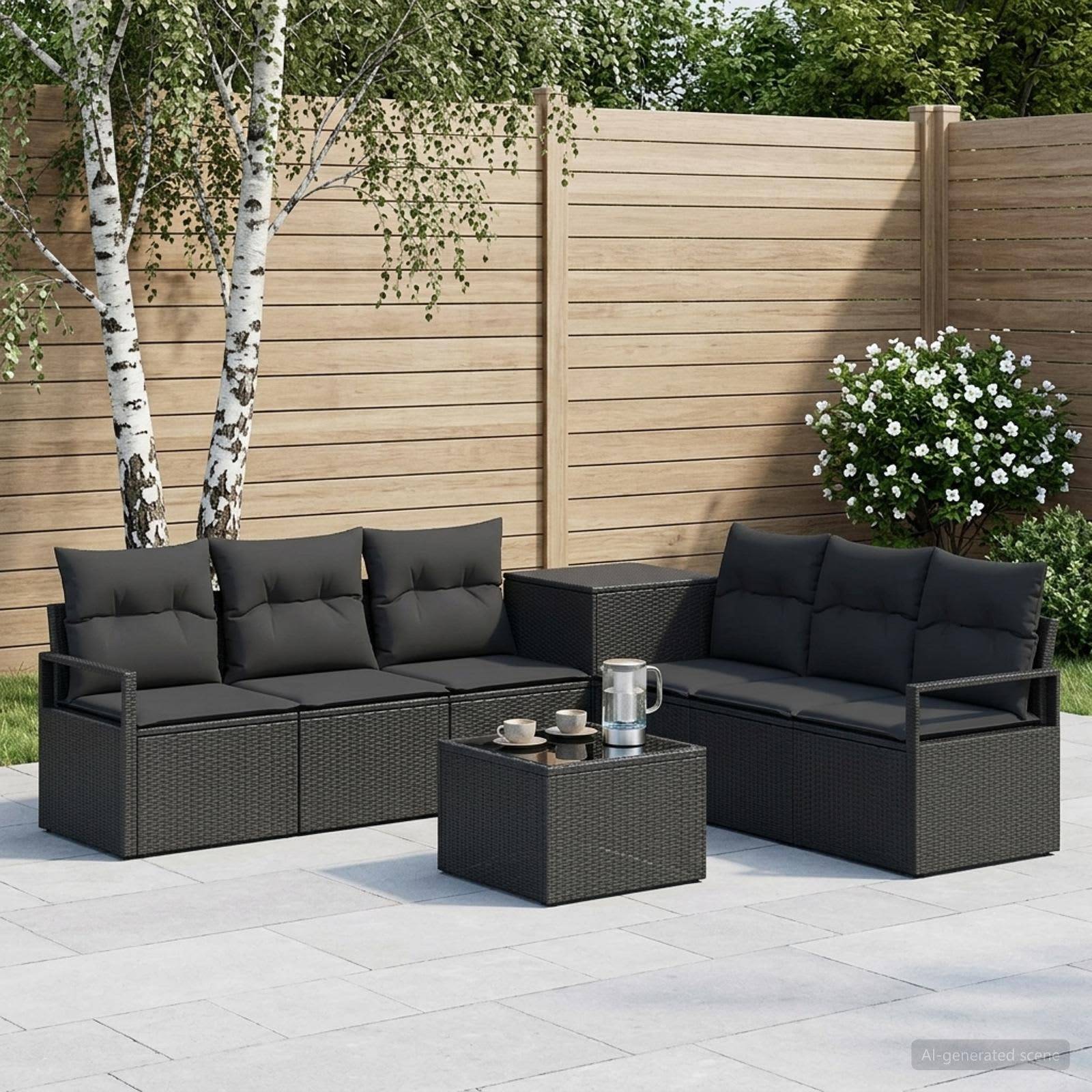Outdoor-Terrassengarnitur mit zwei schwarzen gepolsterten Korbstoff-Sofas, passendem Couchtisch und einem Getränketablett vor einem Holzzaun und Bäumen.