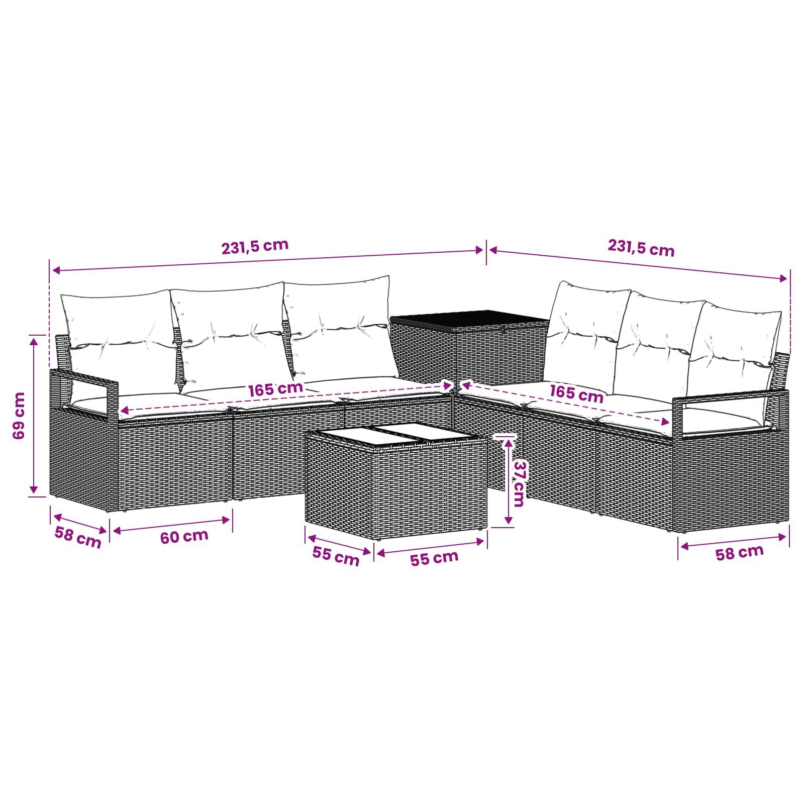Diagramm eines L-förmigen Outdoor-Sofasatzes mit zwei Abschnitten von je 231,5 cm, 165 cm Sitzbreite, 69 cm Höhe, 58 cm Tiefe und einem 55 x 55 cm Tisch.