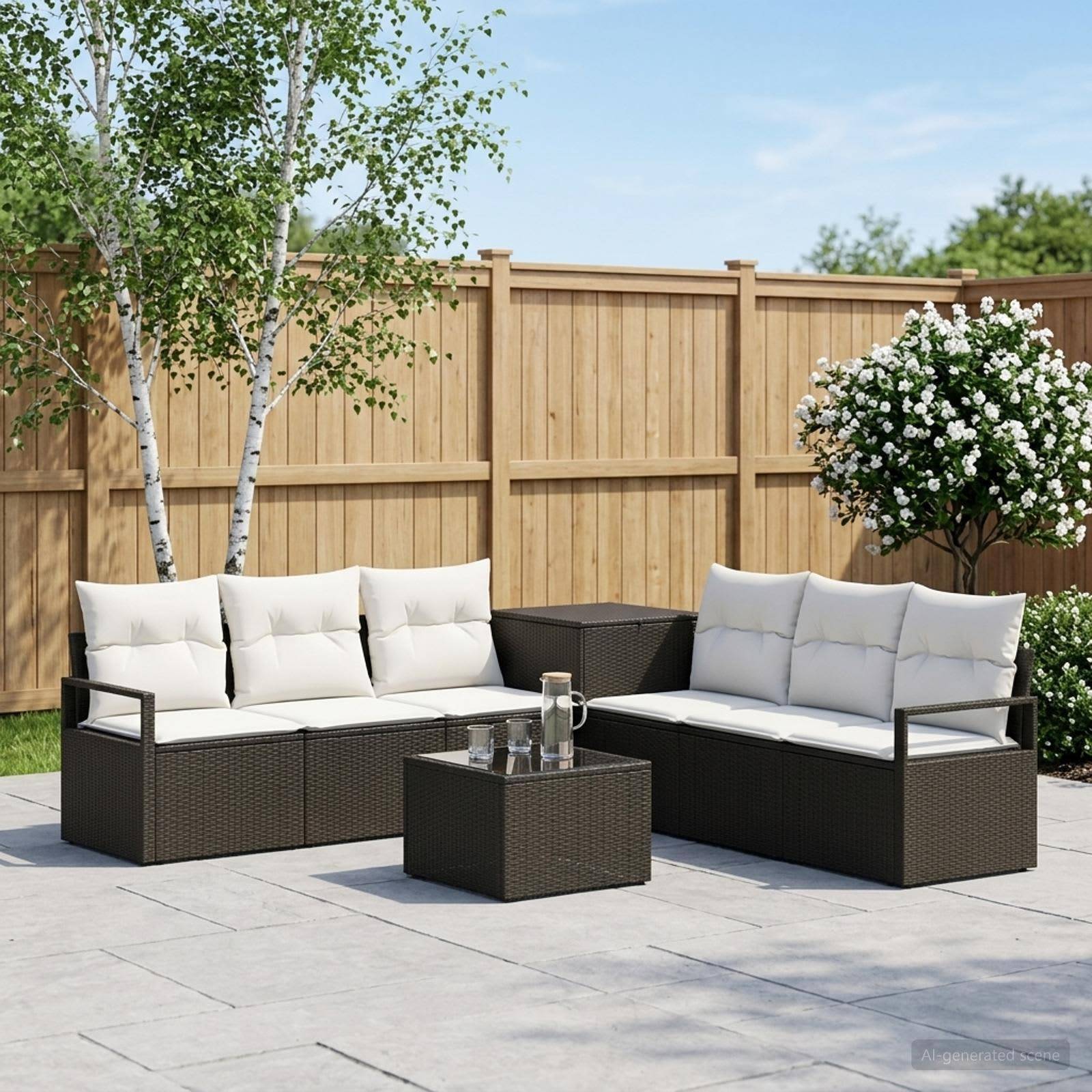 Terrassenpatio mit zwei dunklen Korbsofas und einem Couchtisch auf einer gepflasterten Terrasse, vor einem Holz-Sichtschutzzaun mit Bäumen und blühenden Sträuchern.