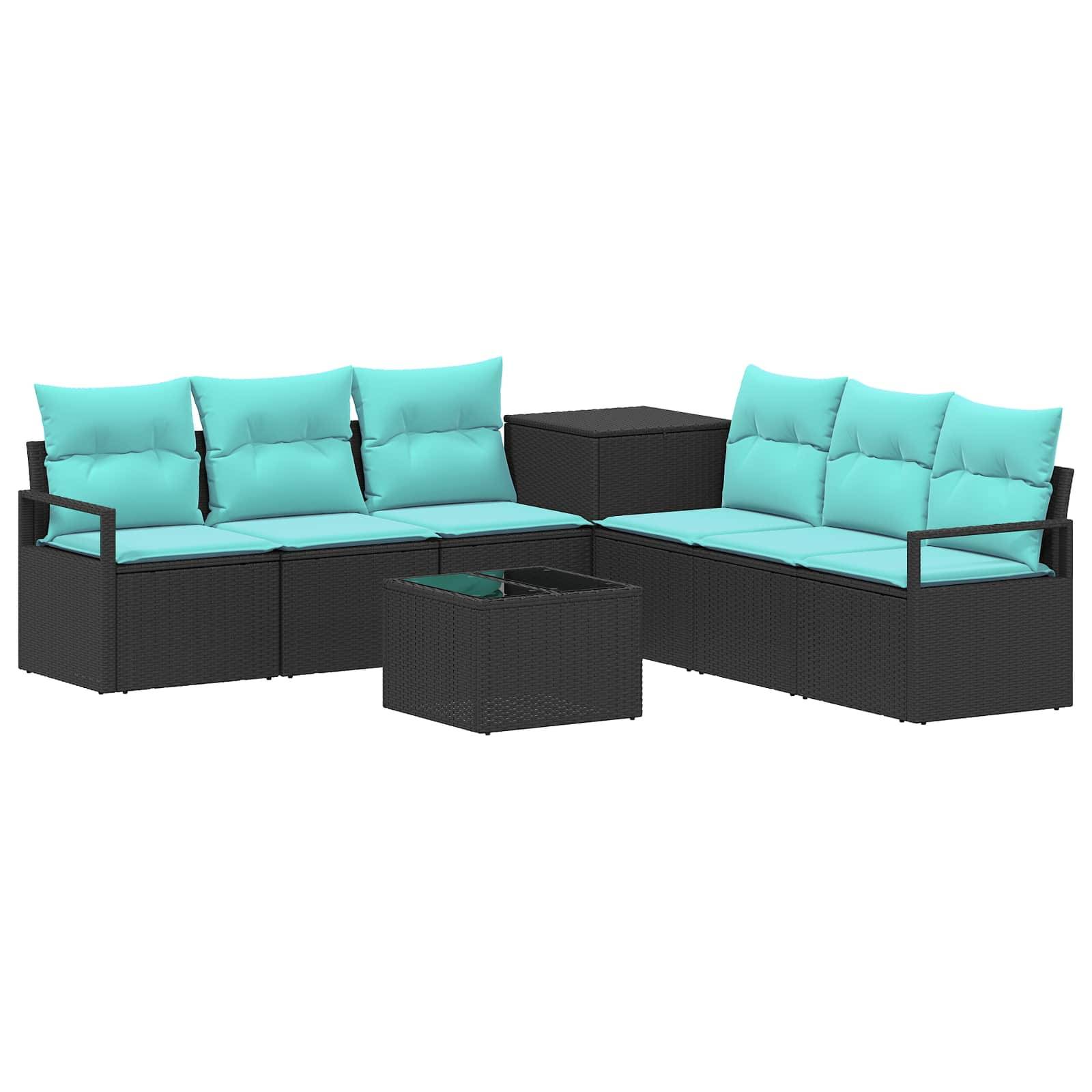 Schwarzes Korb-Gartensofaset mit türkisfarbenen Kissen, passendem Couchtisch und Beistelltisch