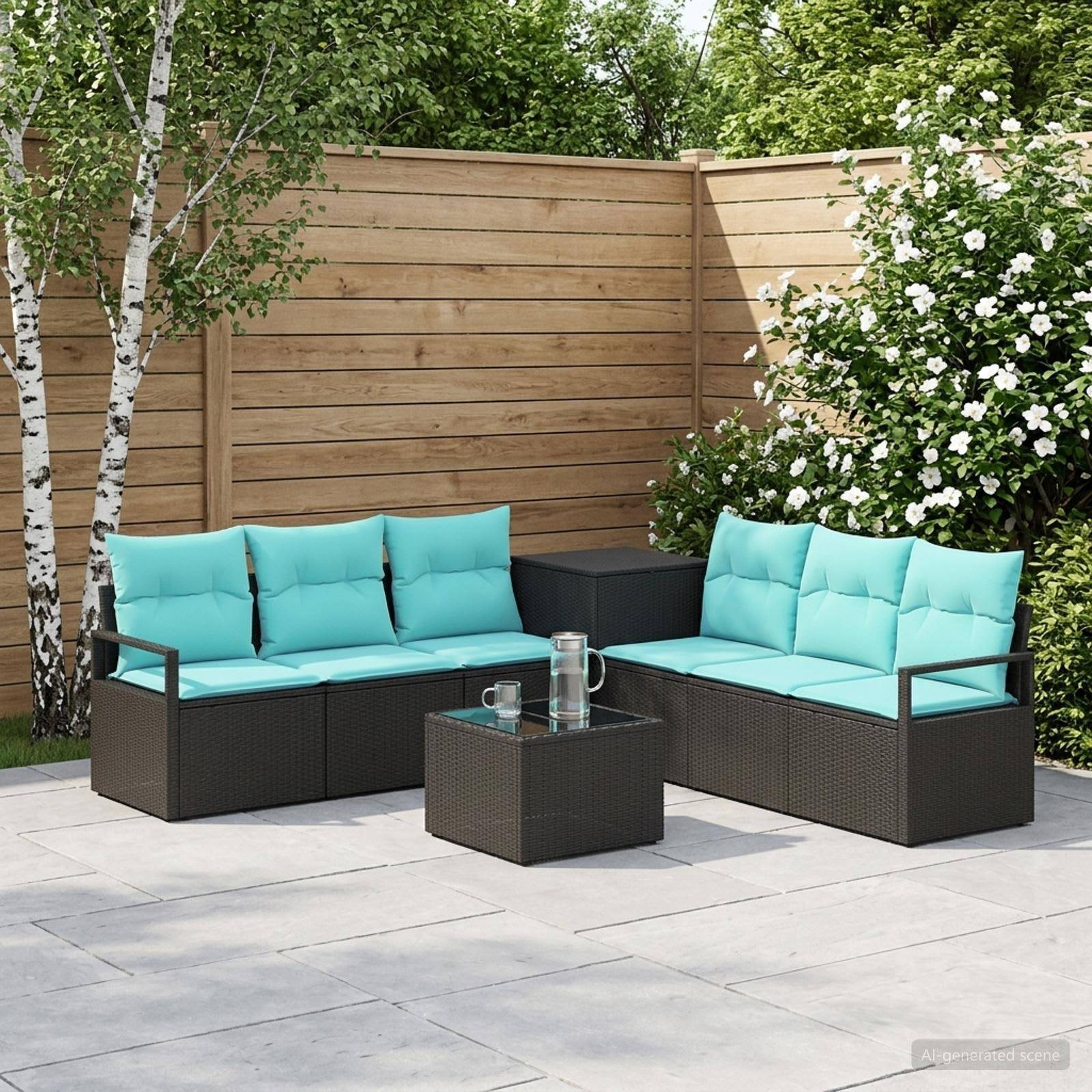 Gartenlounge-Set mit dunklen Rattanstühlen, türkisfarbenen Kissen und einem Couchtisch mit Glasplatte neben einem Holzzaun und blühenden Sträuchern.
