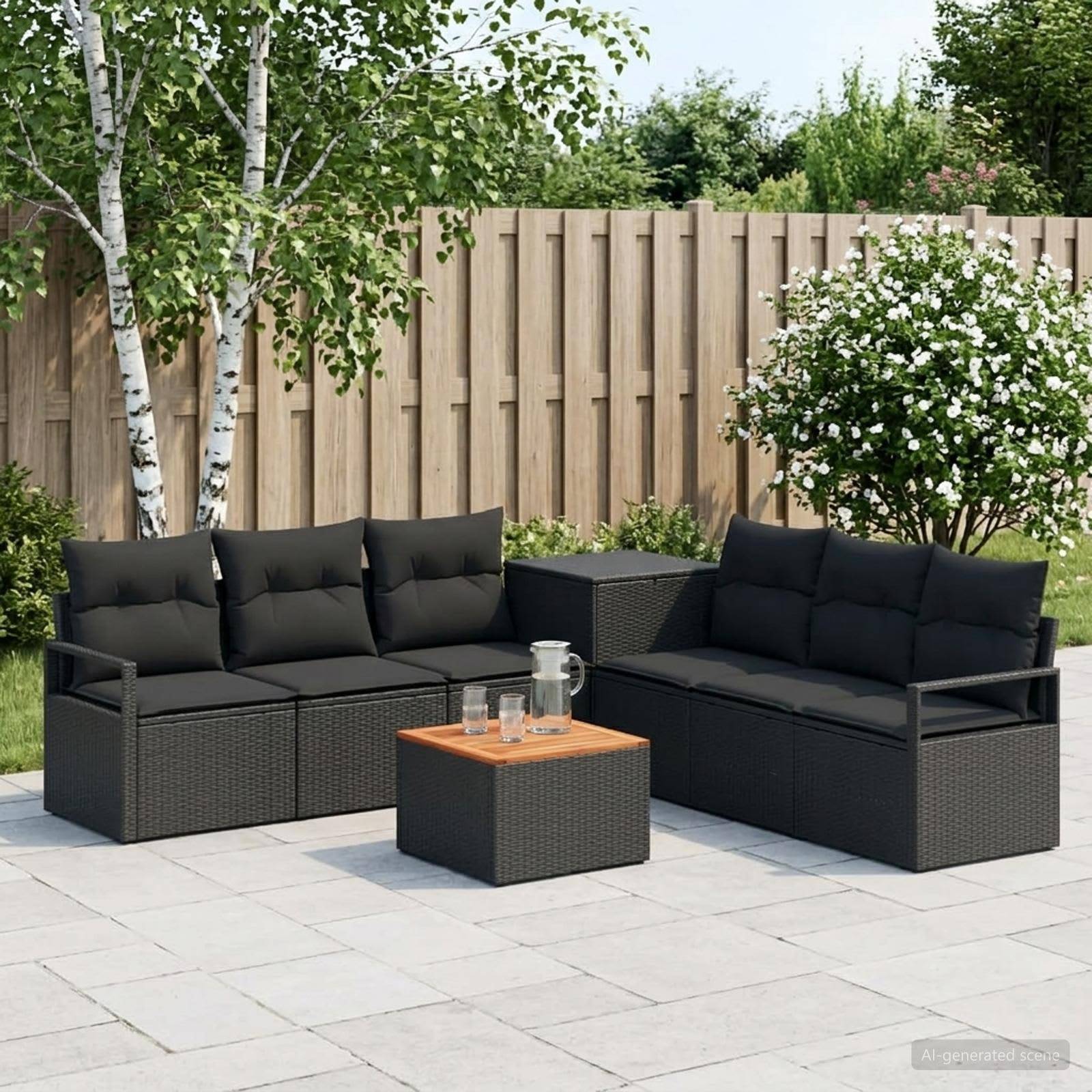 Außenbereich mit Terrassensitzplatz mit zwei schwarzen Korbsofas, kleinem Tisch mit Getränken, Topfpflanzen und einem Holzzaun im Hintergrund.