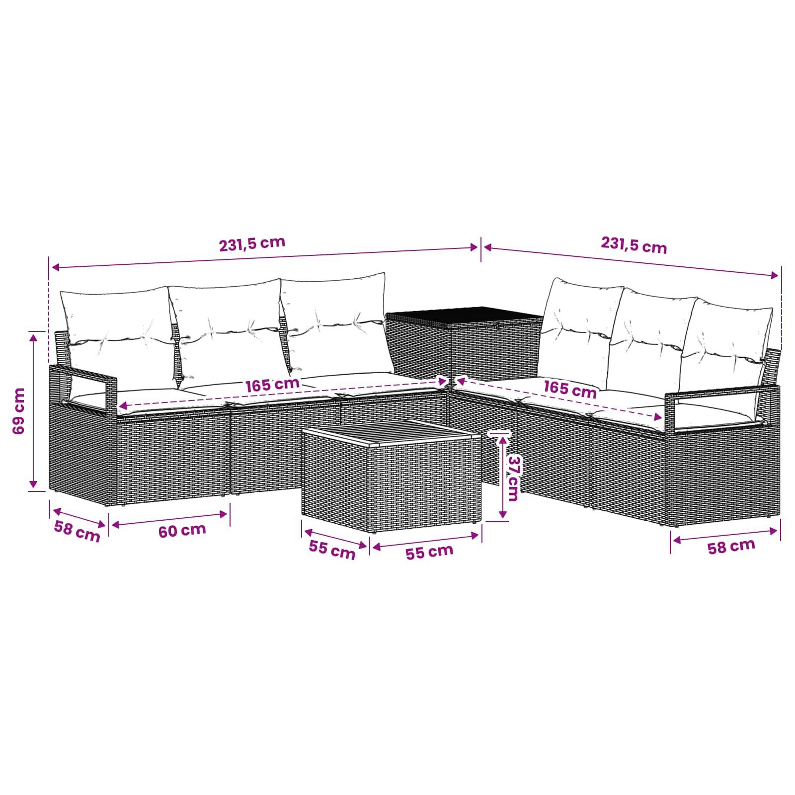 Diagramm eines L-förmigen Korbgeflecht-Patio-Sitzes mit zwei Sofas, Ottomane und Tisch, beschriftet mit Abmessungen in Zentimetern.