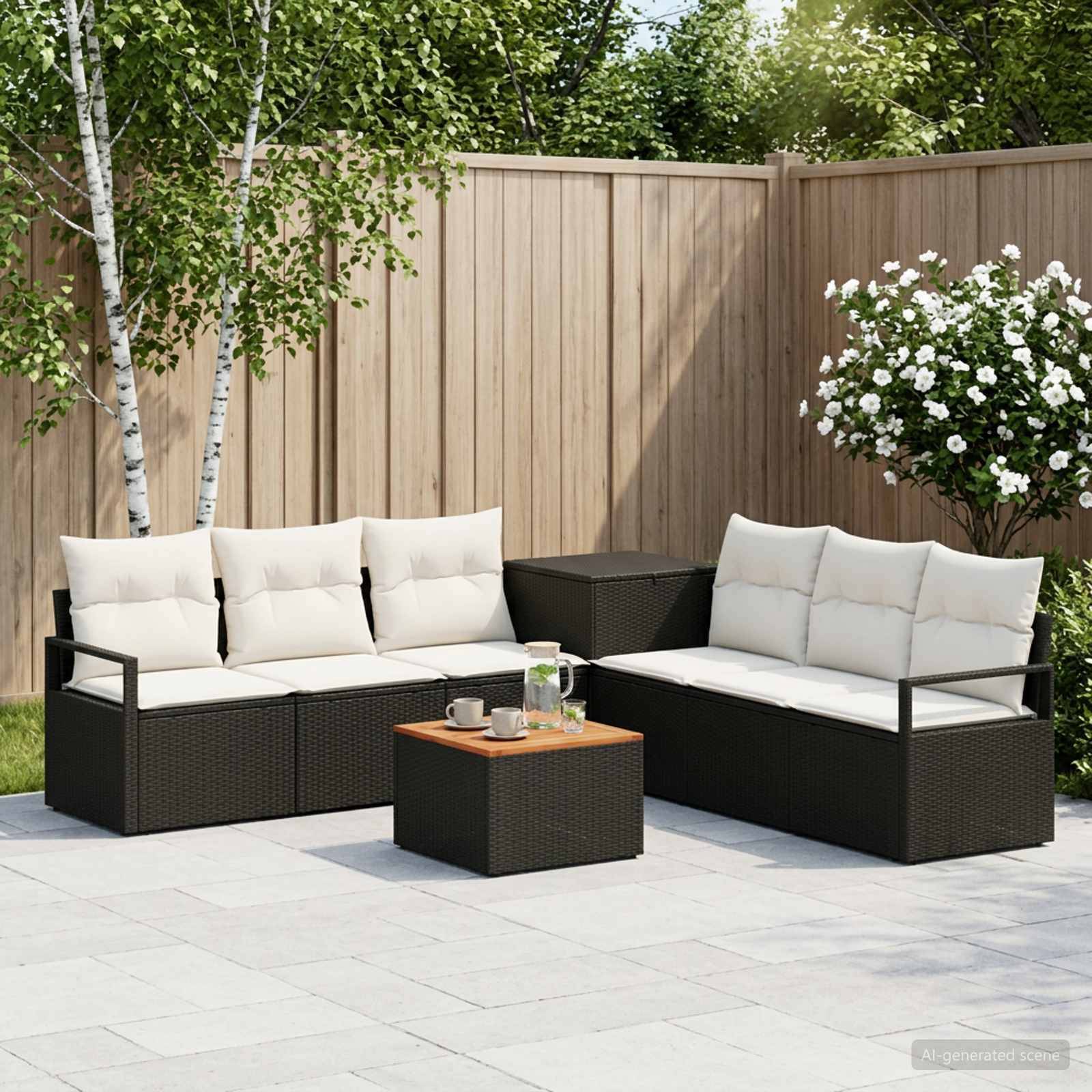 Outdoor-Terrassenbestuhlung mit zwei schwarzen Rattanssofas, passendem Couchtisch und einem kleinen Beistelltisch vor einem Holzzaun und Bäumen.