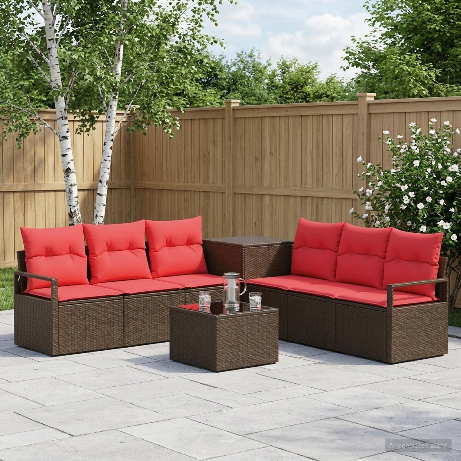 Gartenmöbel-Set für die Terrasse mit zwei rotgepolsterten Korbsofas, einem passenden Tisch und einem kleinen quadratischen Couchtisch auf einer Steinterrasse.