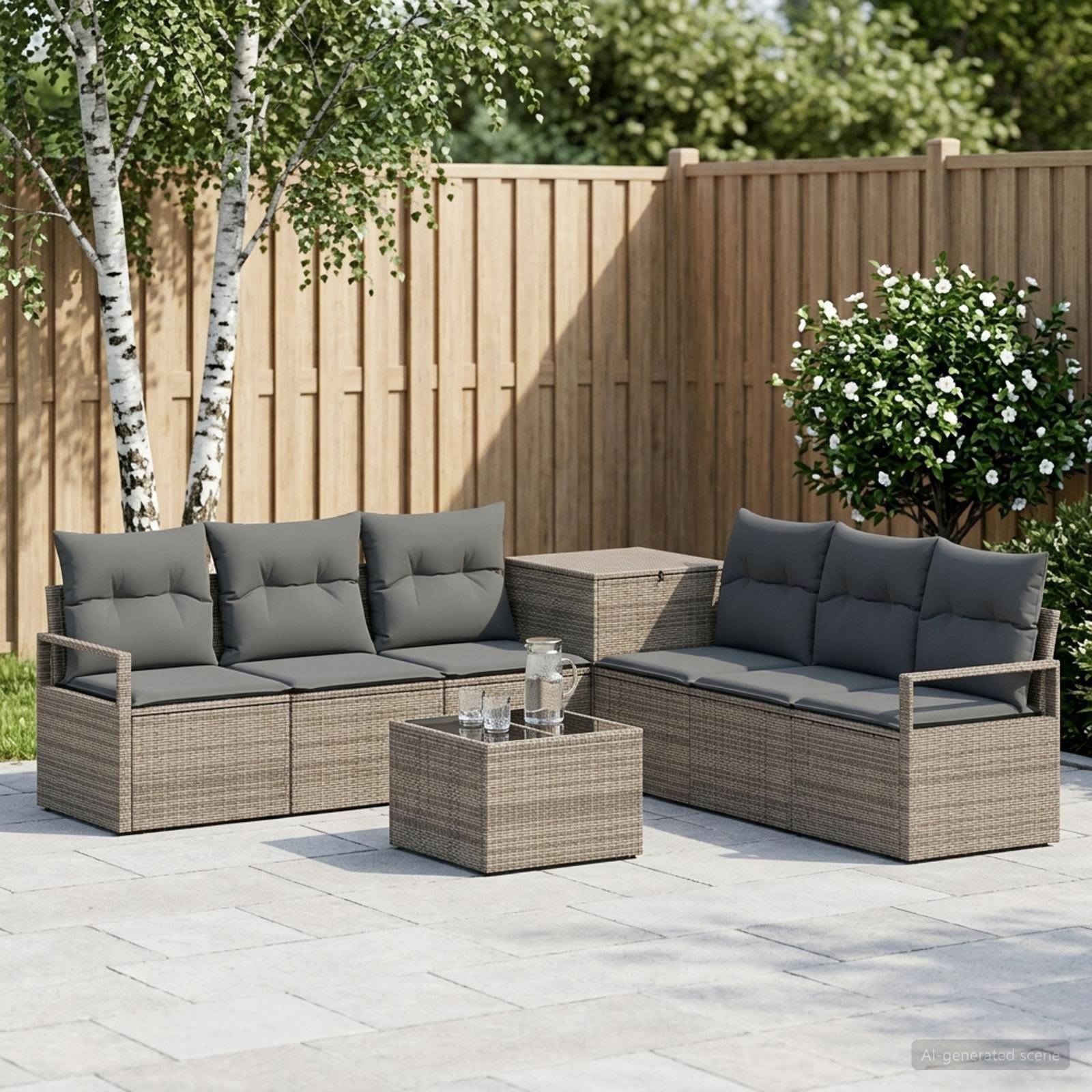 Outdoor-Terrassenmöbel-Set mit zwei Korbsofas, Couchtisch und Beistelltisch auf einer gepflasterten Terrasse neben einem Holzzaun und Pflanzen.