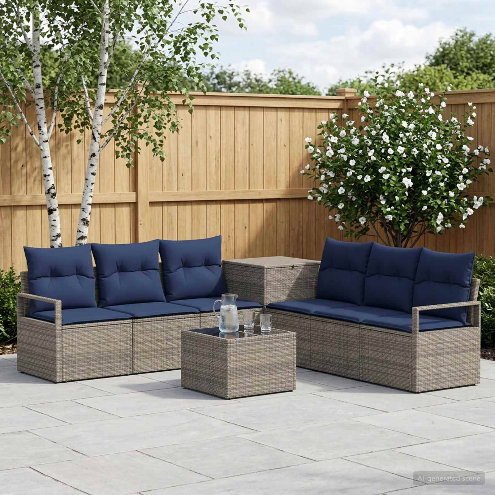 Außenbereich-Sitzmöbel mit zwei grauen Rattansofas, marineblauen Kissen und passenden Couchtischen auf einer gepflasterten Terrasse neben einem Holzzaun.