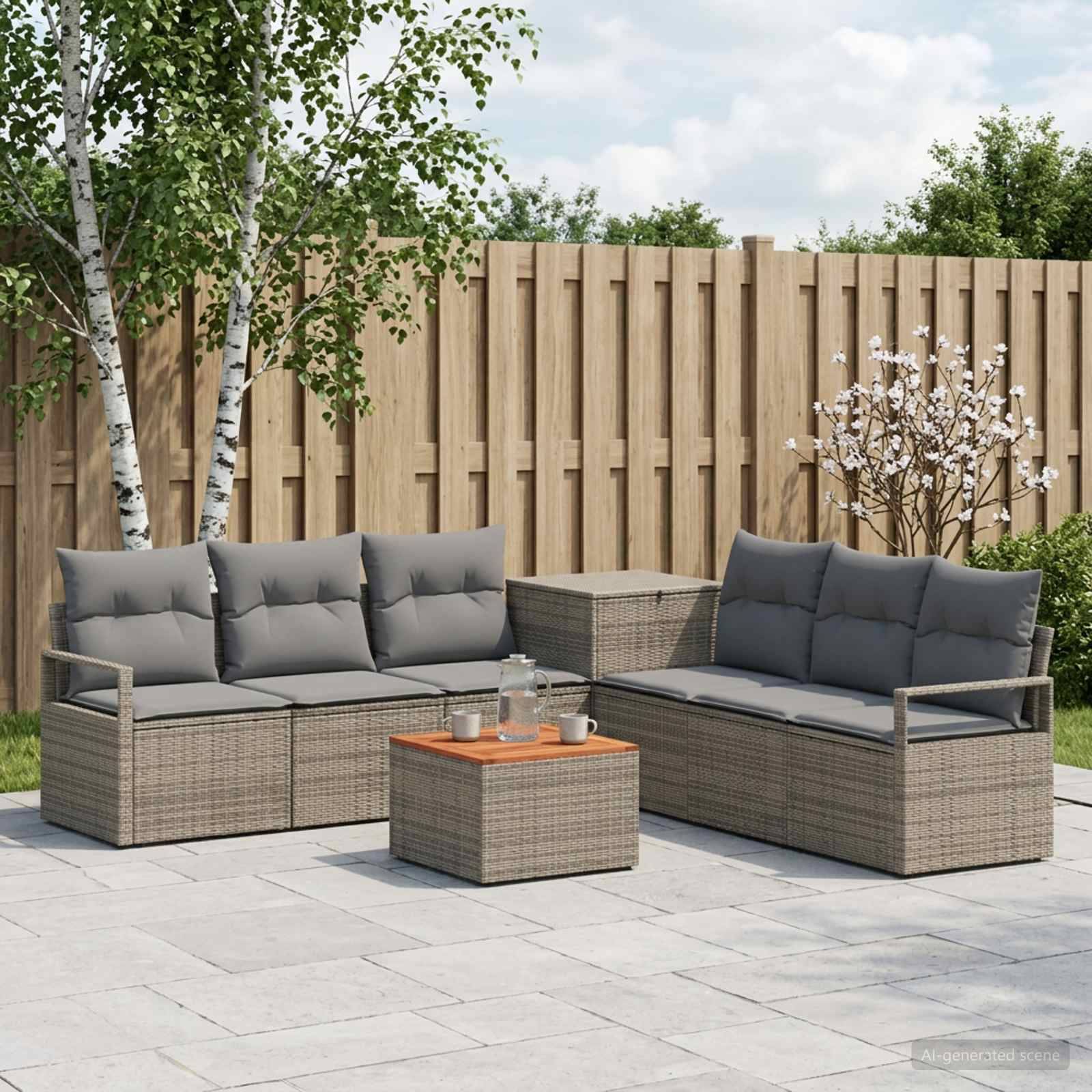 Außenbereich mit Terrassensitzecke mit zwei grauen Rattansofas, passendem Couchtisch und Pflanzen vor einem Holzzaun.