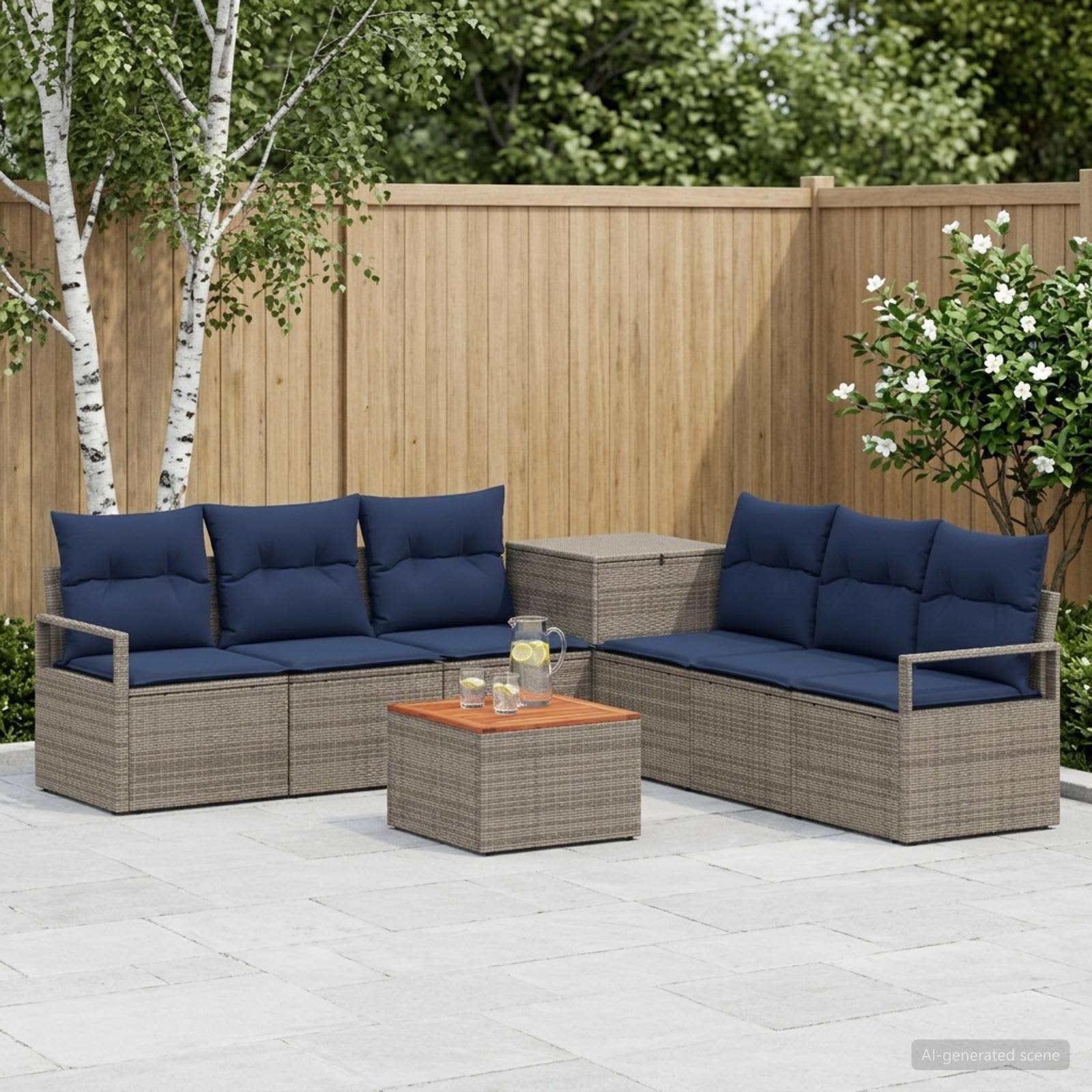 Sitzgarnitur für die Außenterrasse mit zwei Korbsofas, marineblauen Kissen, einem Couchtisch und einem kleinen Beistelltisch in einem umzäunten Garten.