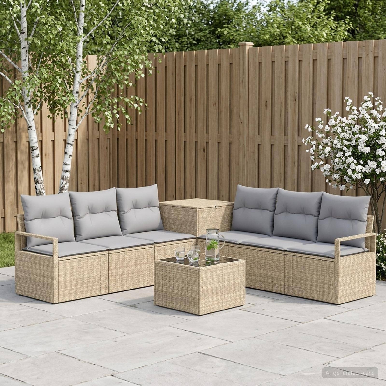Gartenmöbel-Set mit zwei geflochtenen Rattansofas, passendem Couchtisch und Beistelltisch vor einem Holzzaun