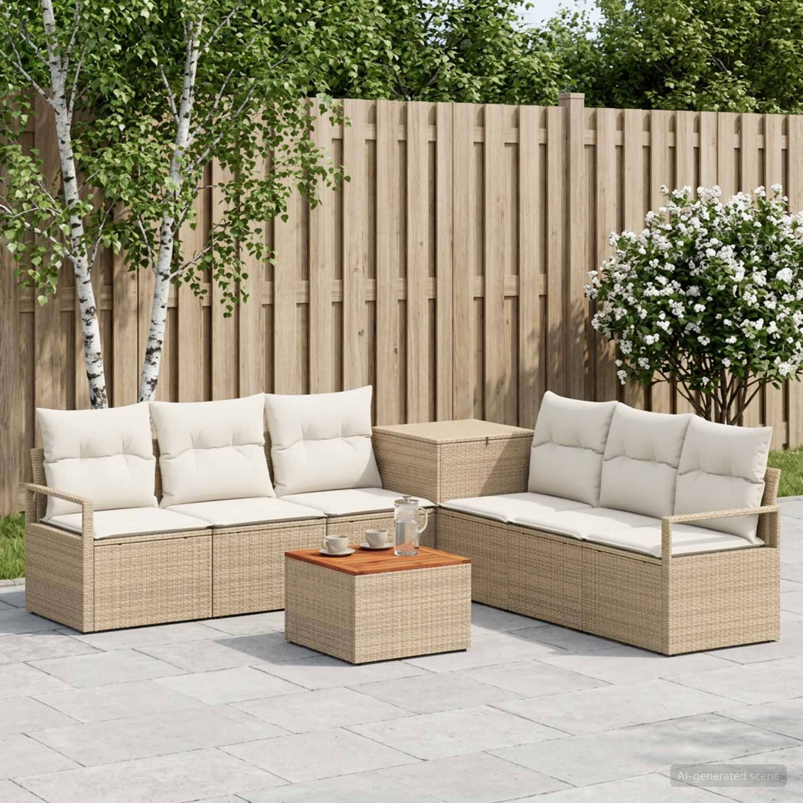 Gartenmöbel-Set für Terrassen mit zwei beigen Korbsofas, passendem Sitzkubus und Couchtisch auf einer Steinterrasse neben einem Holzzaun und blühenden Sträuchern.