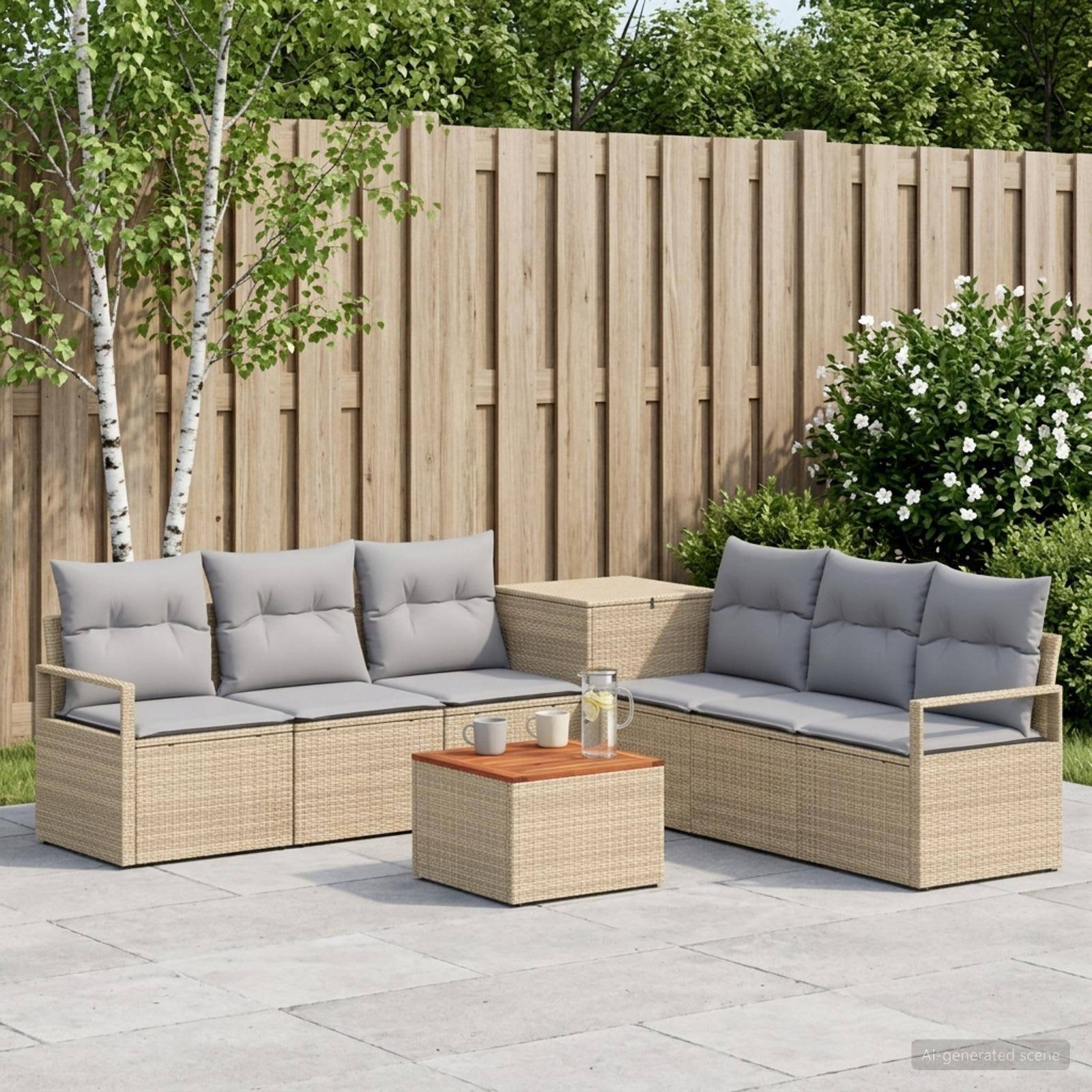 Gartenplatzmöbelset mit zwei Korbsofas, einem kleinen Couchtisch und grauen Kissen auf einer gepflasterten Terrasse neben einem Holzzaun und Grünflächen.
