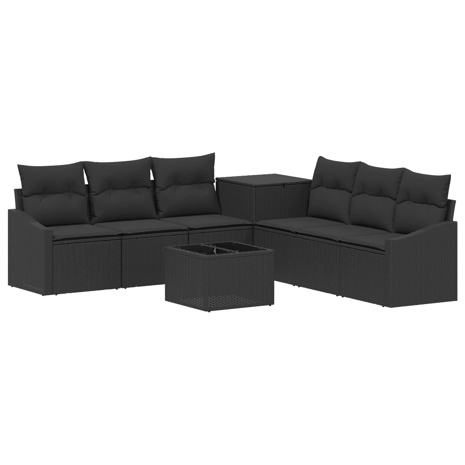 Schwarze Outdoor-Ecksofa-Garnitur mit zwei Zweisitzern, Ecktisch und passendem Couchtisch auf weißem Hintergrund.