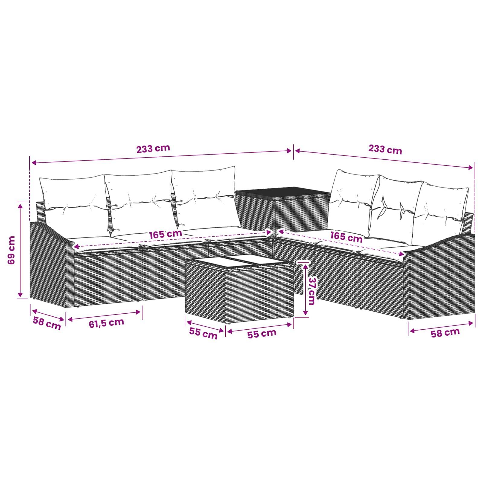 Diagramm einer Outdoor-Wickel-Ecksofa-Garnitur mit zwei 233 cm Eckbänken, 165 cm Sitzbereichen, einem 55 cm quadratischen Tisch und Abmessungen in Zentimetern.