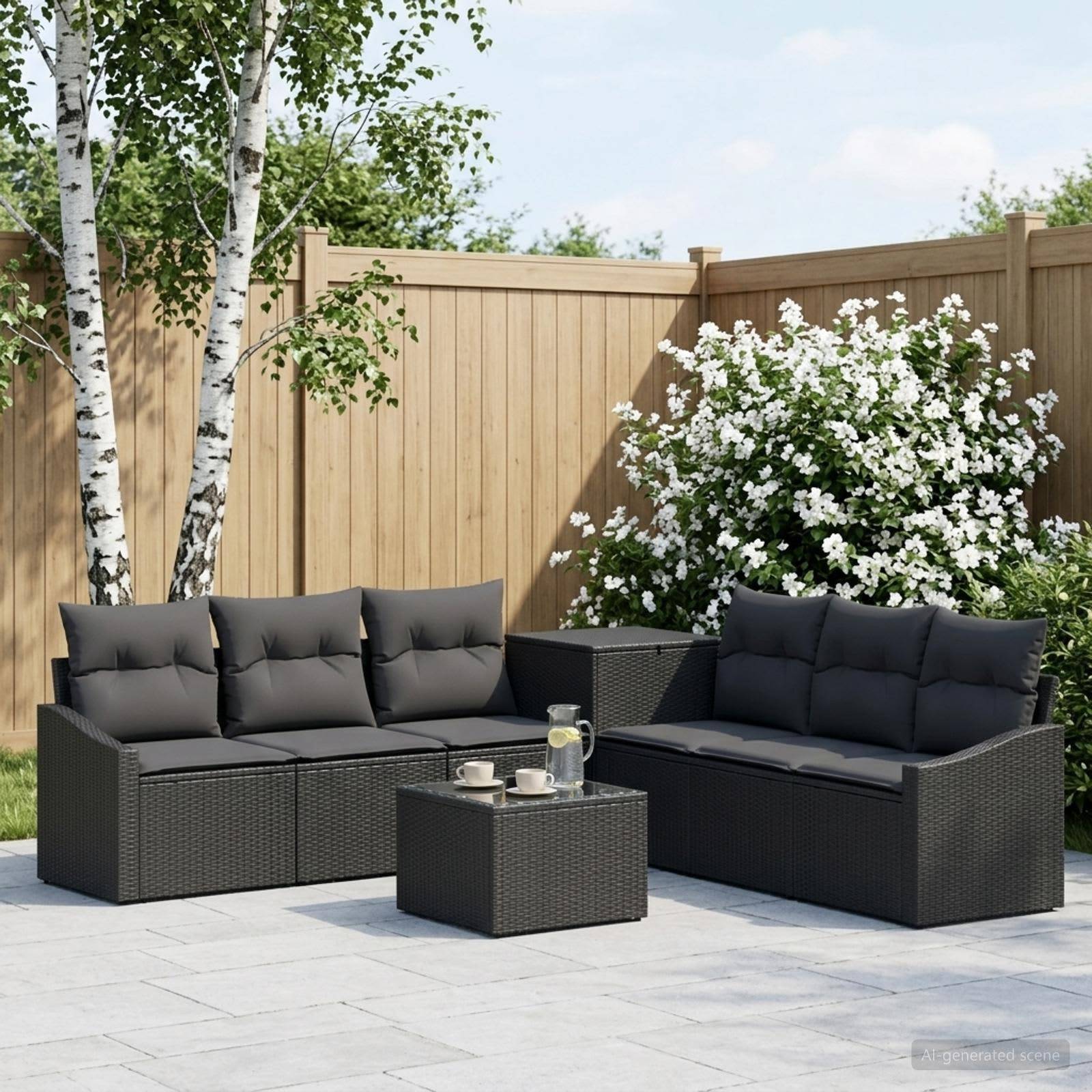 Außenterrasse mit zwei schwarzen Rattansofa, einem quadratischen Couchtisch mit Getränken und einem Holzzaun, umgeben von Bäumen und weißblühenden Sträuchern.