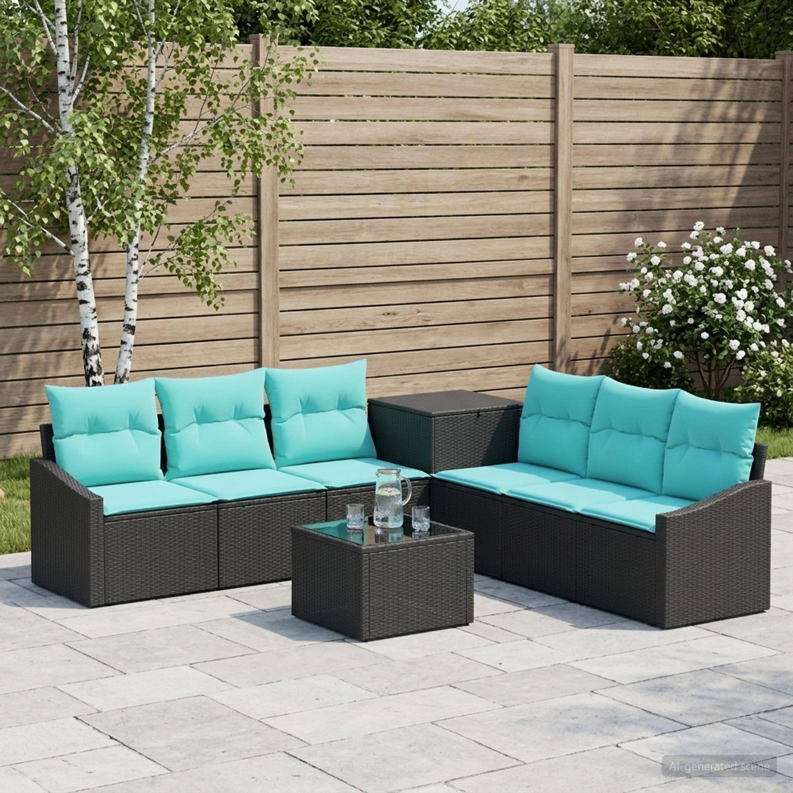 Outdoor-Terrasse mit zwei dunklen Rattan-Sofas und passendem Tisch, jeweils mit türkisfarbenen Kissen, um einen kleinen Couchtisch mit Glastischplatte angeordnet.