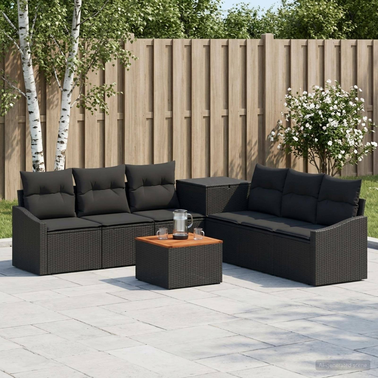 Terrassenmöbel-Set mit zwei schwarzen Rattansofa, passendem Tisch und kleinem Couchtisch auf einer gefliesten Terrasse neben einem Holzzaun und Bäumen.