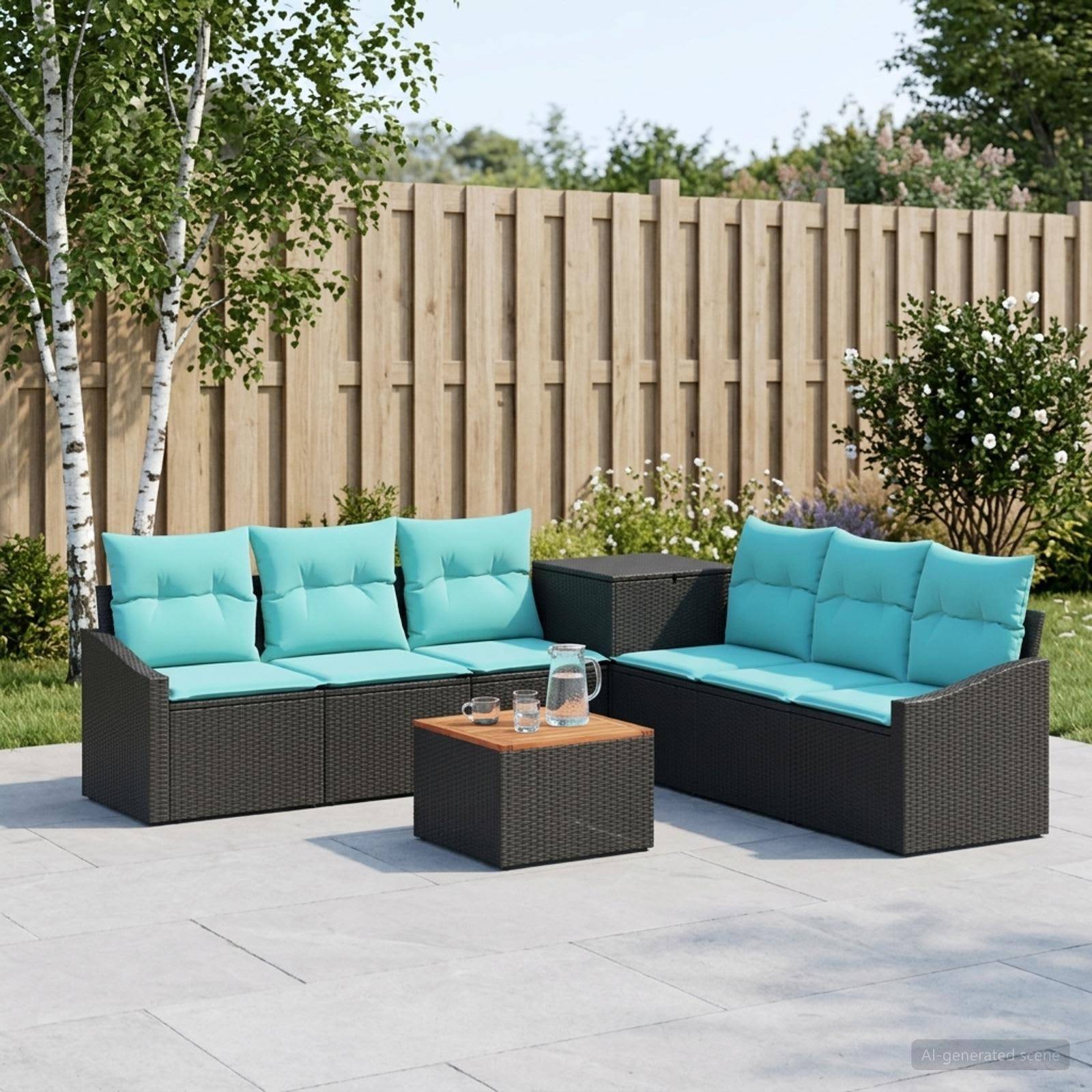 Outdoor-Sitzgarnitur auf der Terrasse mit zwei schwarzen Rattansofas, türkisfarbenen Polstern und einem passenden Couchtisch auf einem gepflasterten Deck neben einem Holzzaun.