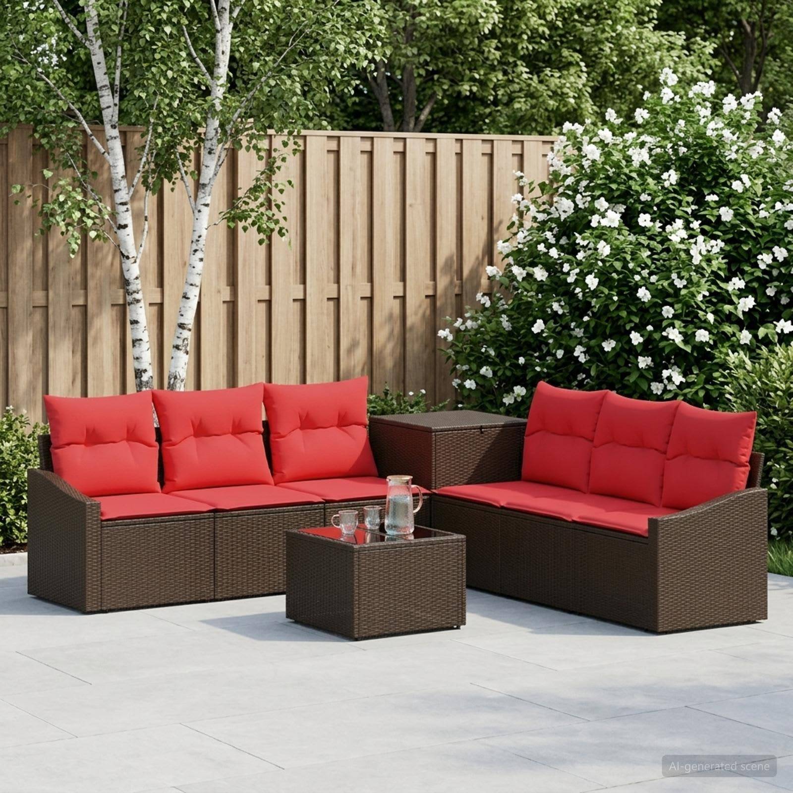 Terrasse im Freien mit braunem Rattanecksofa und roten Kissen um einen kleinen quadratischen Tisch, vor einem Holzzaun und blühenden Sträuchern.
