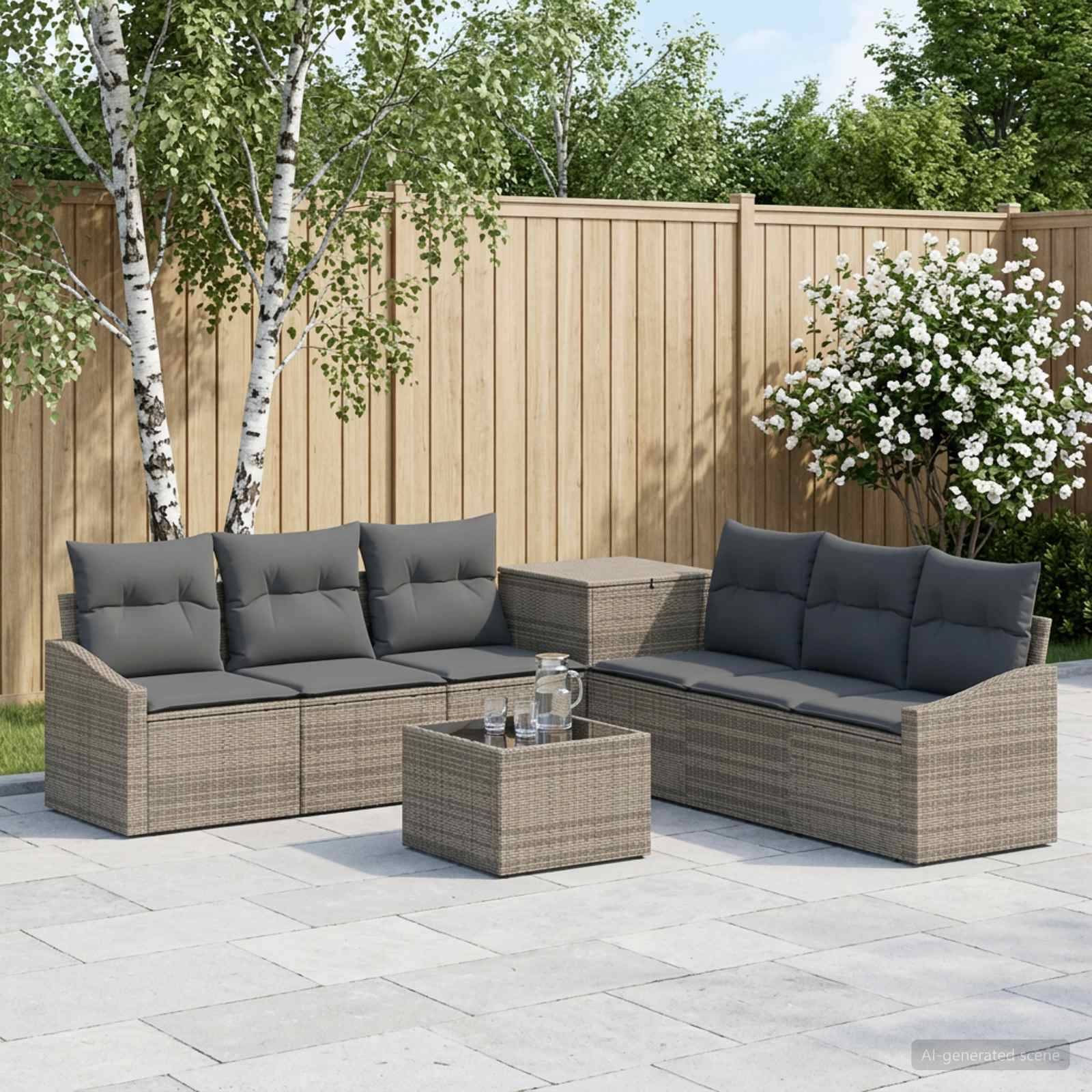 Outdoor-Terrassenmöbel-Set mit zwei grauen Rattansofas, passendem Tisch und Stauraum-Pouf auf einer gepflasterten Hof-Terrasse neben einem Holzzaun und blühenden Sträuchern.