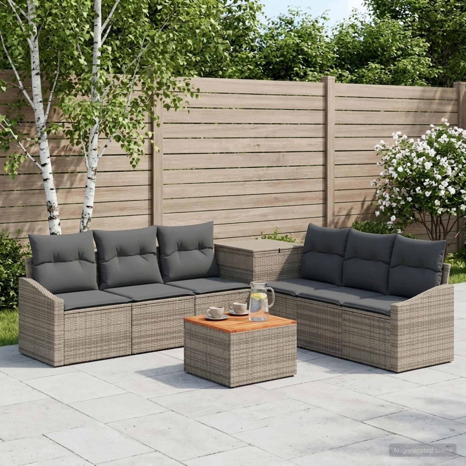 Outdoor-Terrassensitzgarnitur mit zwei Korbsofas, einem passenden Couchtisch und dunklen Kissen neben einem Holzzaun und Grünflächen.