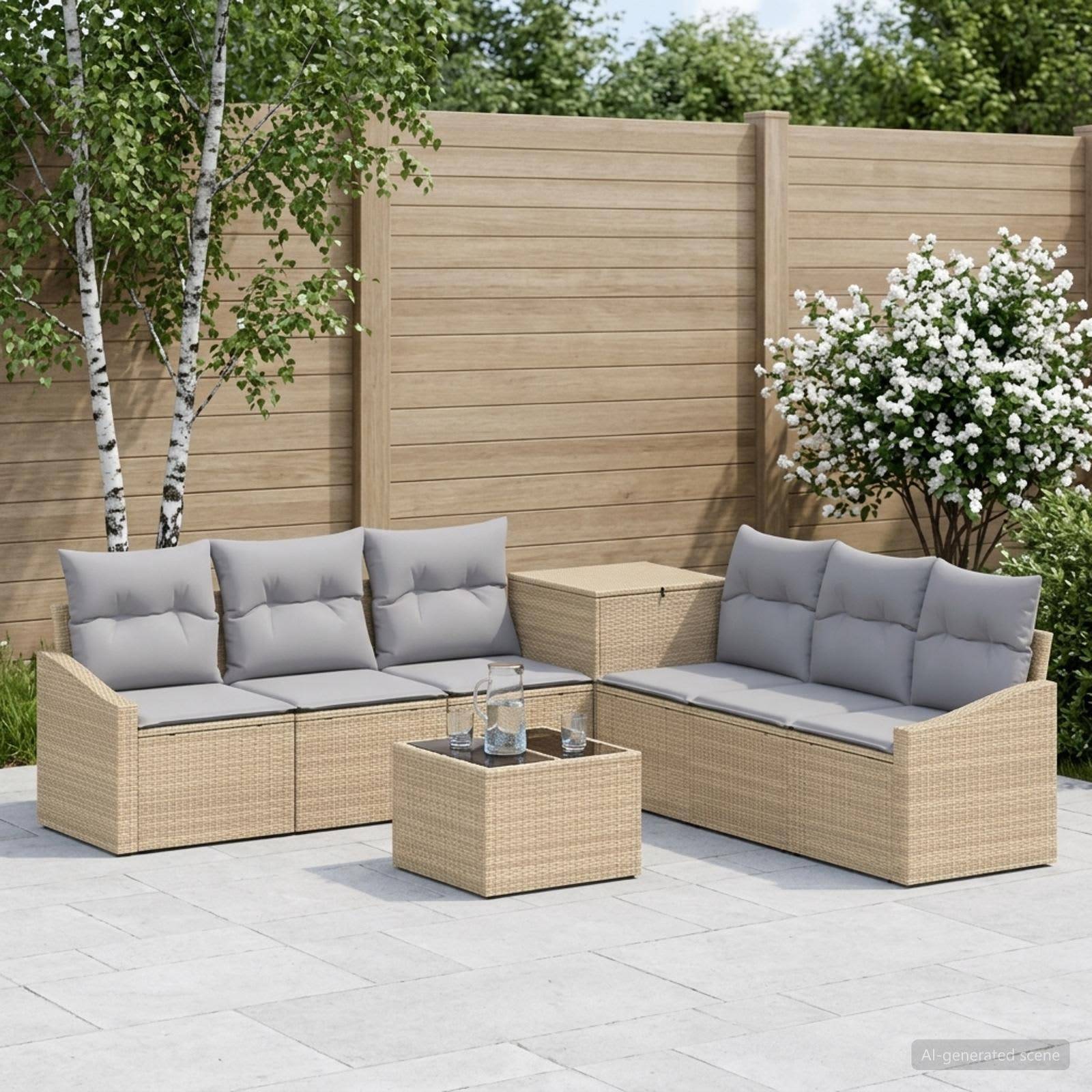 Outdoor-Sitzgarnitur für die Terrasse mit zwei beigen Rattan-Sofas, grauen Kissen und einem passenden Couchtisch neben einem Holzzaun und blühenden Sträuchern.