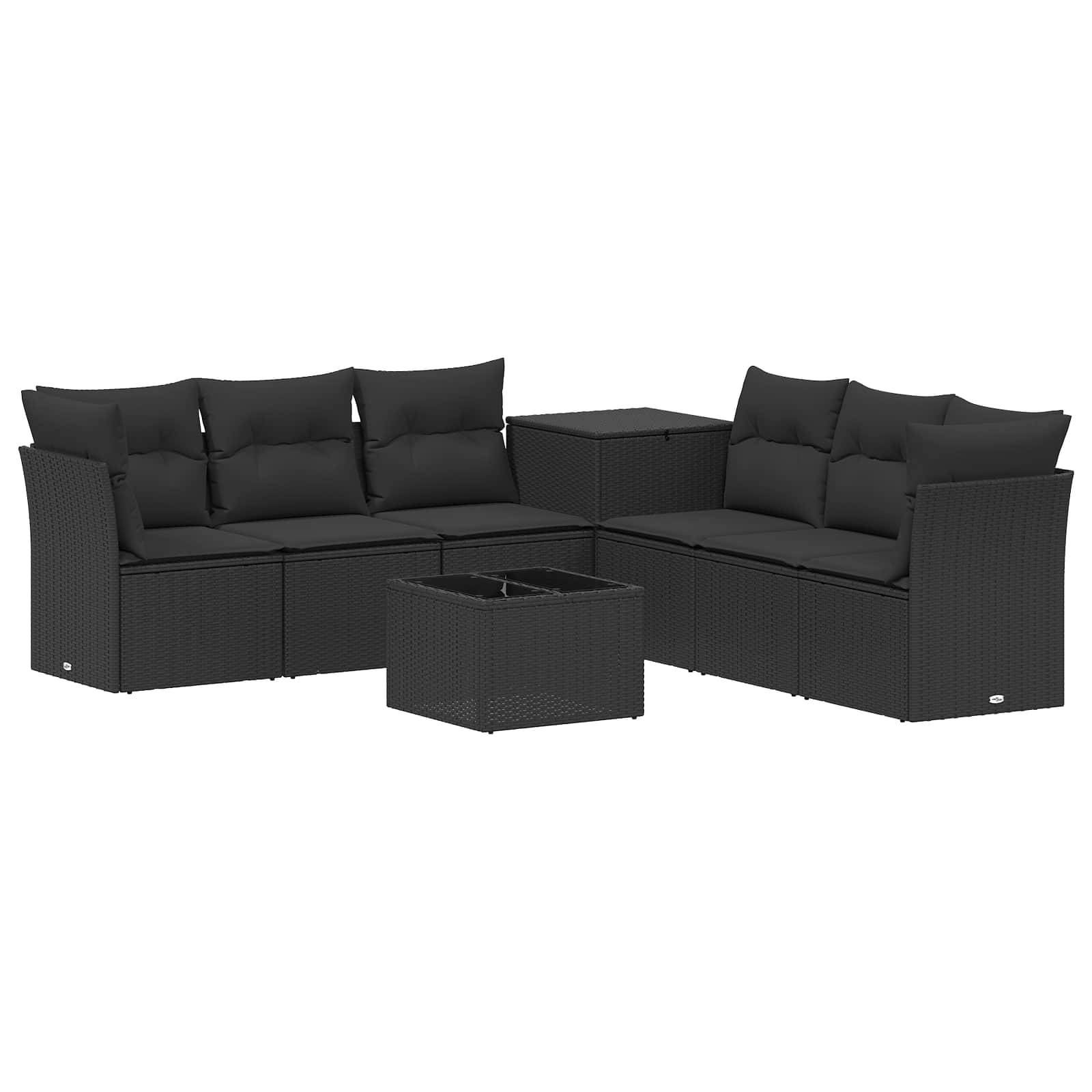 Schwarzes Garten-Polyrattan-Loungesofa mit Eckettisch und passendem Couchtisch, dargestellt auf weißem Hintergrund.