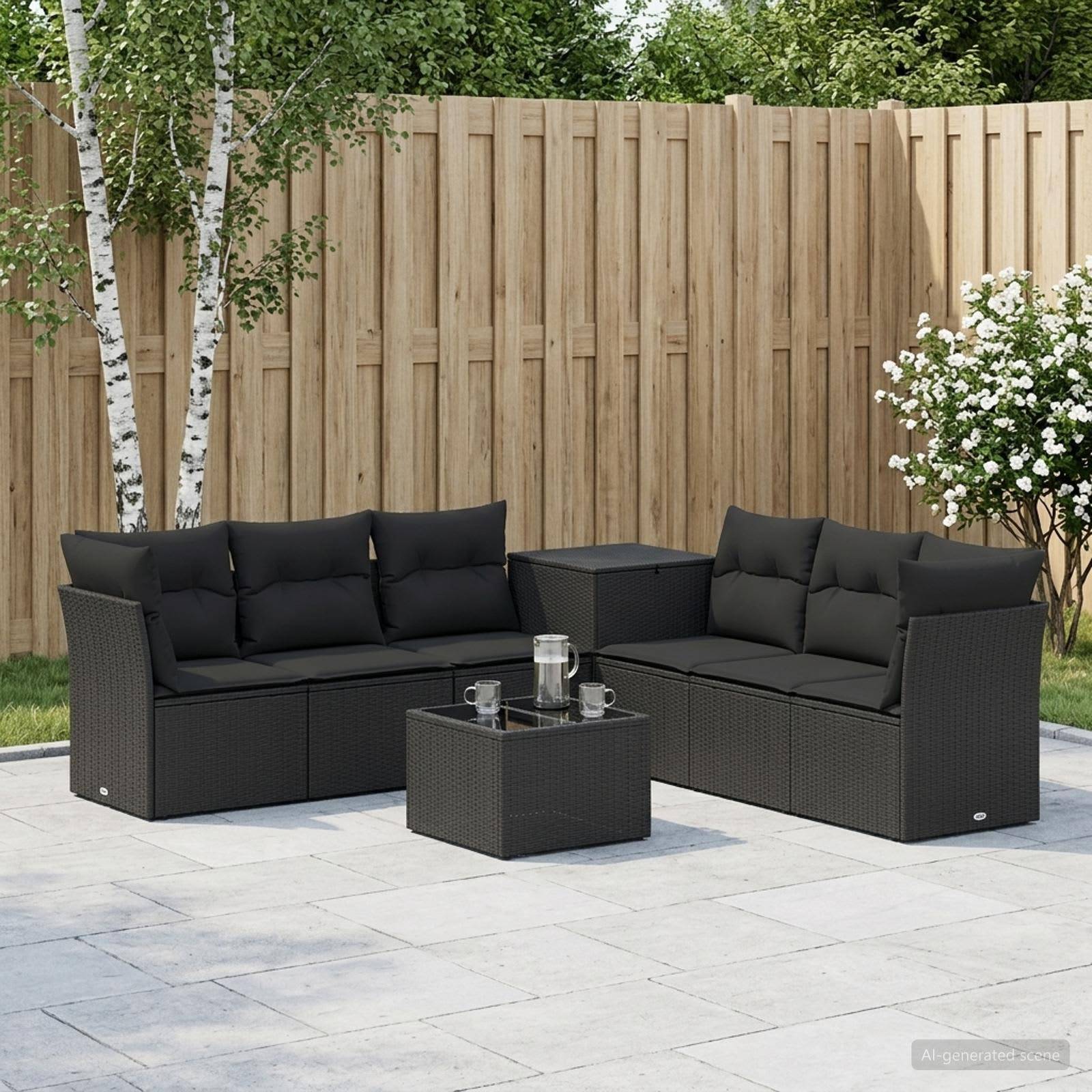 Schwarzes Polyrattan-Außensektional-Sofa-Set mit Couchtisch auf einer Terrasse, neben einem Holzzaun und Grünflächen.