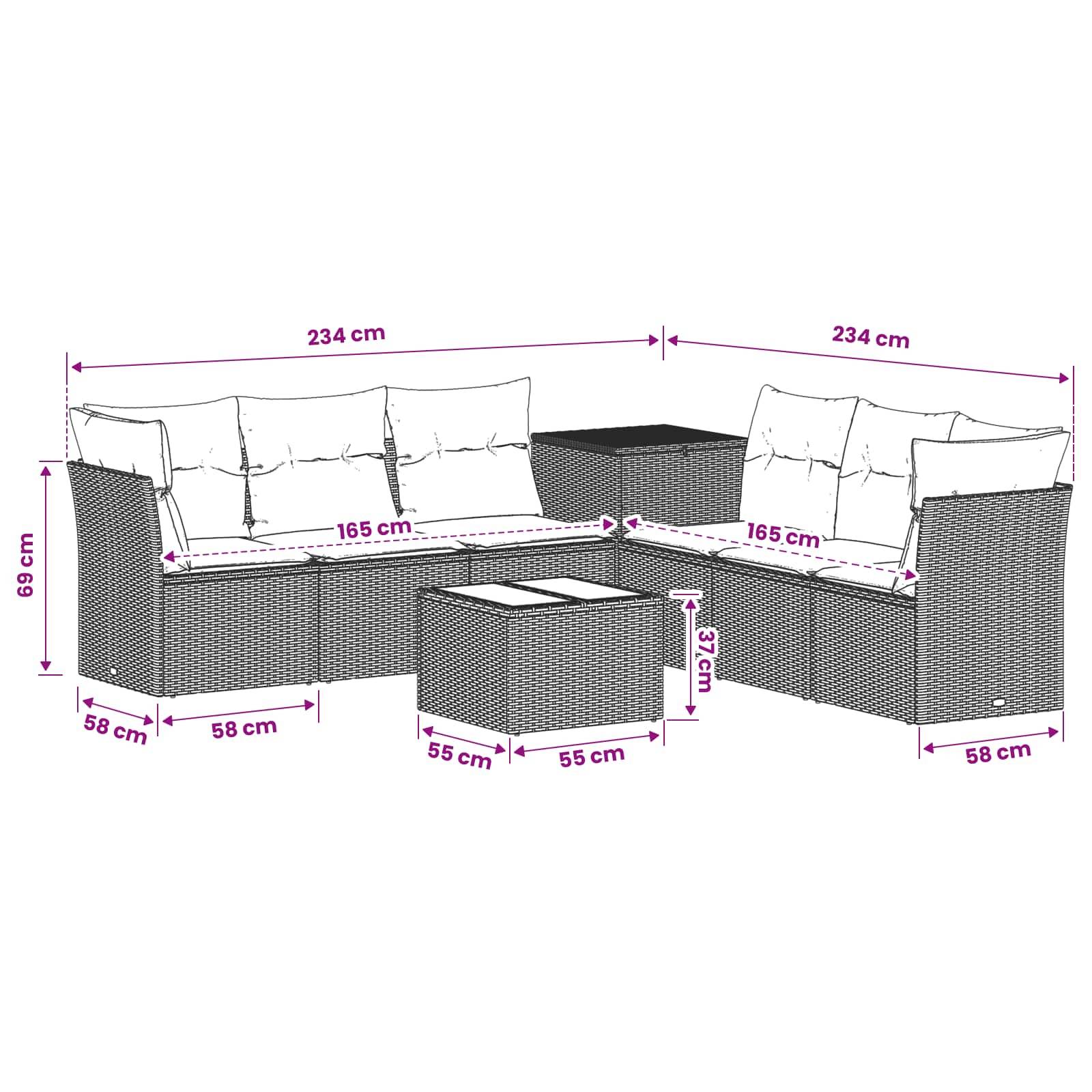 Diagramm eines L-förmigen Outdoor-Sofasatzes mit Kissen und Couchtisch mit beschrifteten Abmessungen: 234 cm Seitenlängen, 165 cm Sitze, 69 cm Höhe, 58 cm Tiefe, 55 cm Tischbreite, 37 cm Tischhöhe.