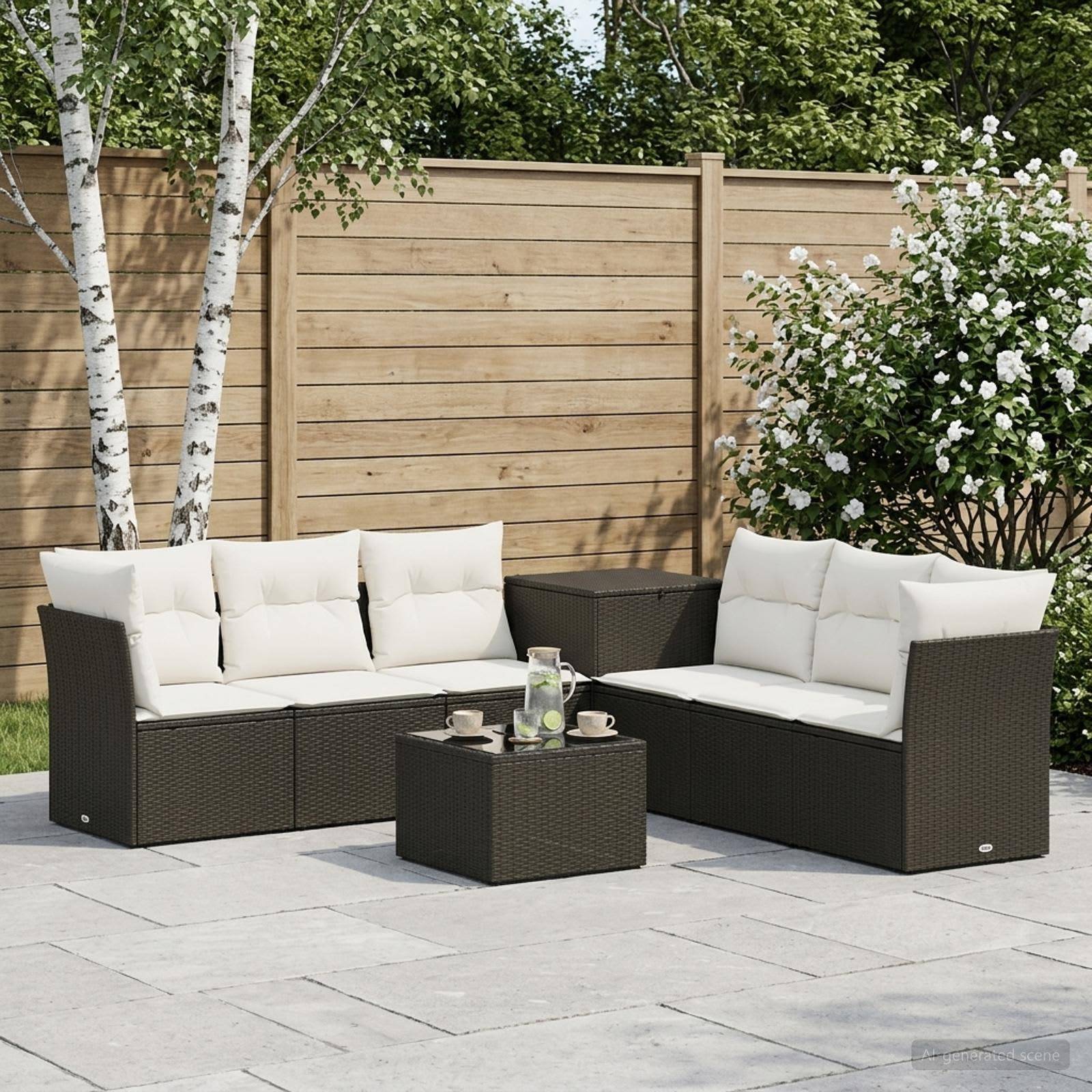 Outdoor-Terrassensitzgruppe mit zwei dunkelflecht-Sofas, weißen Kissen und einem kleinen Couchtisch in einem Garten neben einem Holzzaun und einem blühenden Strauch.