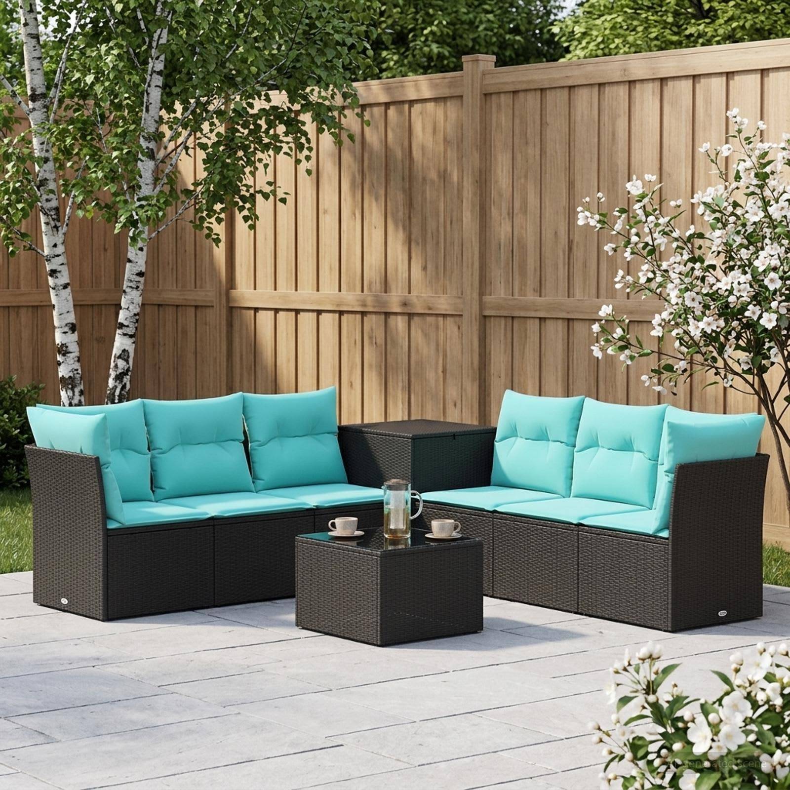 Gartenmöbel-Set für die Terrasse mit zwei dunklen Rattansofas und türkisfarbenen Kissen um einen kleinen Couchtisch herum, neben einem Holzzaun und blühenden Bäumen.