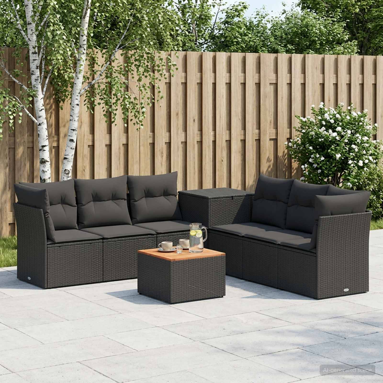Outdoor-Terrassenmöbel-Set mit zwei dunklen Rattan-Sofas, einem passenden Couchtisch und einem Beistelltisch auf einer gepflasterten Terrasse neben einem Holzzaun und Birkenbäumen.