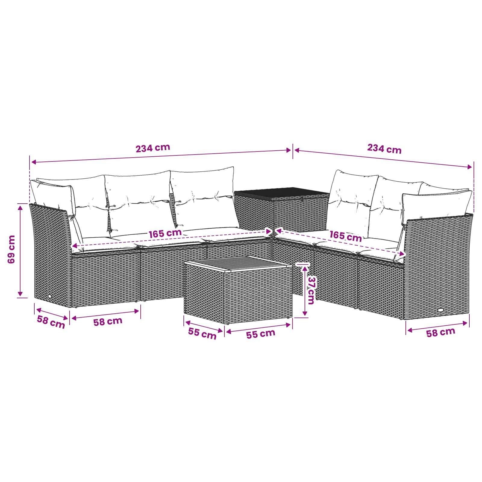 Diagramm eines modularen Outdoor-Rattanmöbel-Sets mit zwei Ecksofa-Elementen, zwei Tischen und Kissen, mit Abmessungen in cm gekennzeichnet.