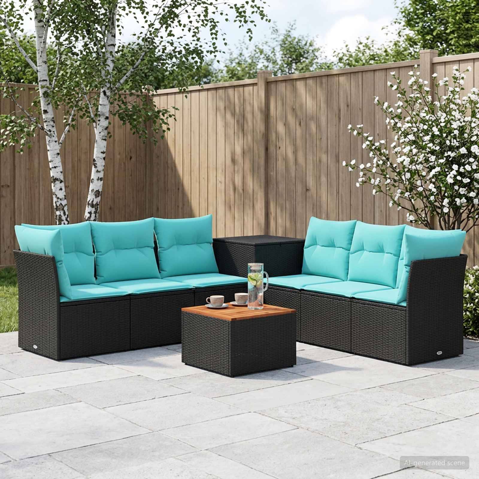 Outdoor-Sitzmöbel-Set mit zwei schwarzen Rattan-Liebesitzen, türkisfarbenen Kissen und einem kleinen passenden Couchtisch auf einer Steinterrasse