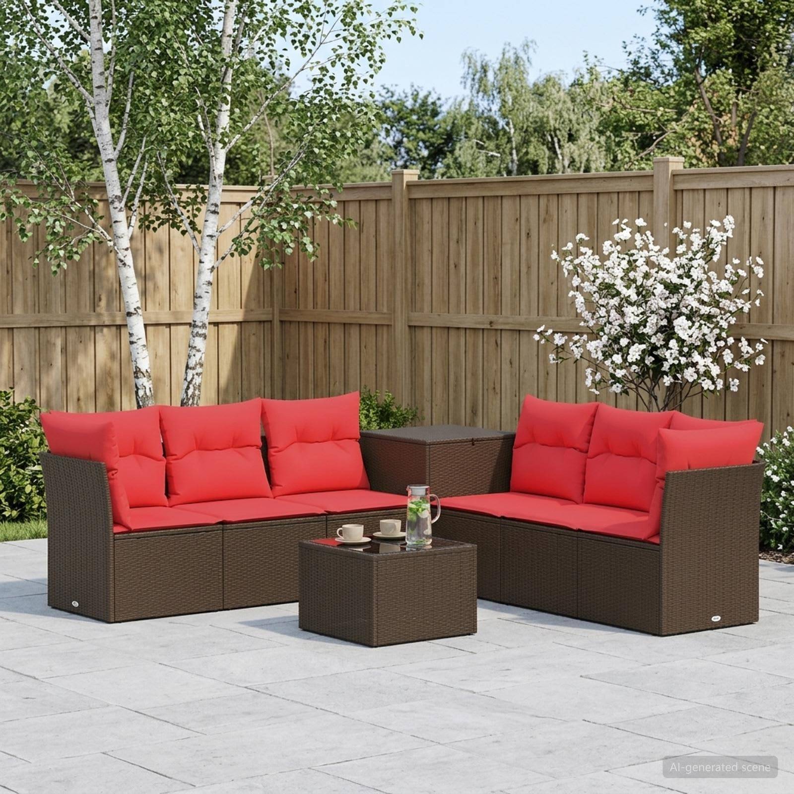 Gartenbesteck im Freien mit rotgepolstertem braunem Korbsektional, passendem Couchtisch und kleinem Getränketisch in einem angelegten Hinterhof.