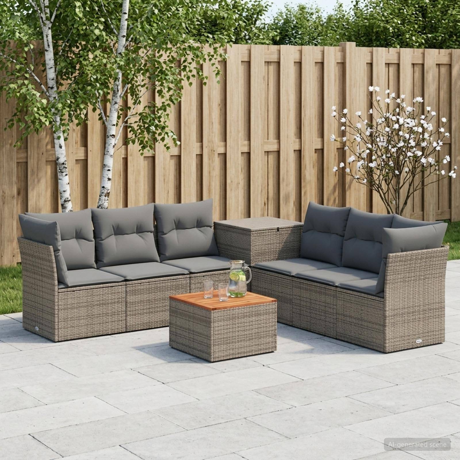 Outdoor-Sitzmöbel-Set mit zwei grauen gepolsterten Sofas und einem passenden Couchtisch auf einer Steinterrasse neben einem Holzzaun und Bäumen.
