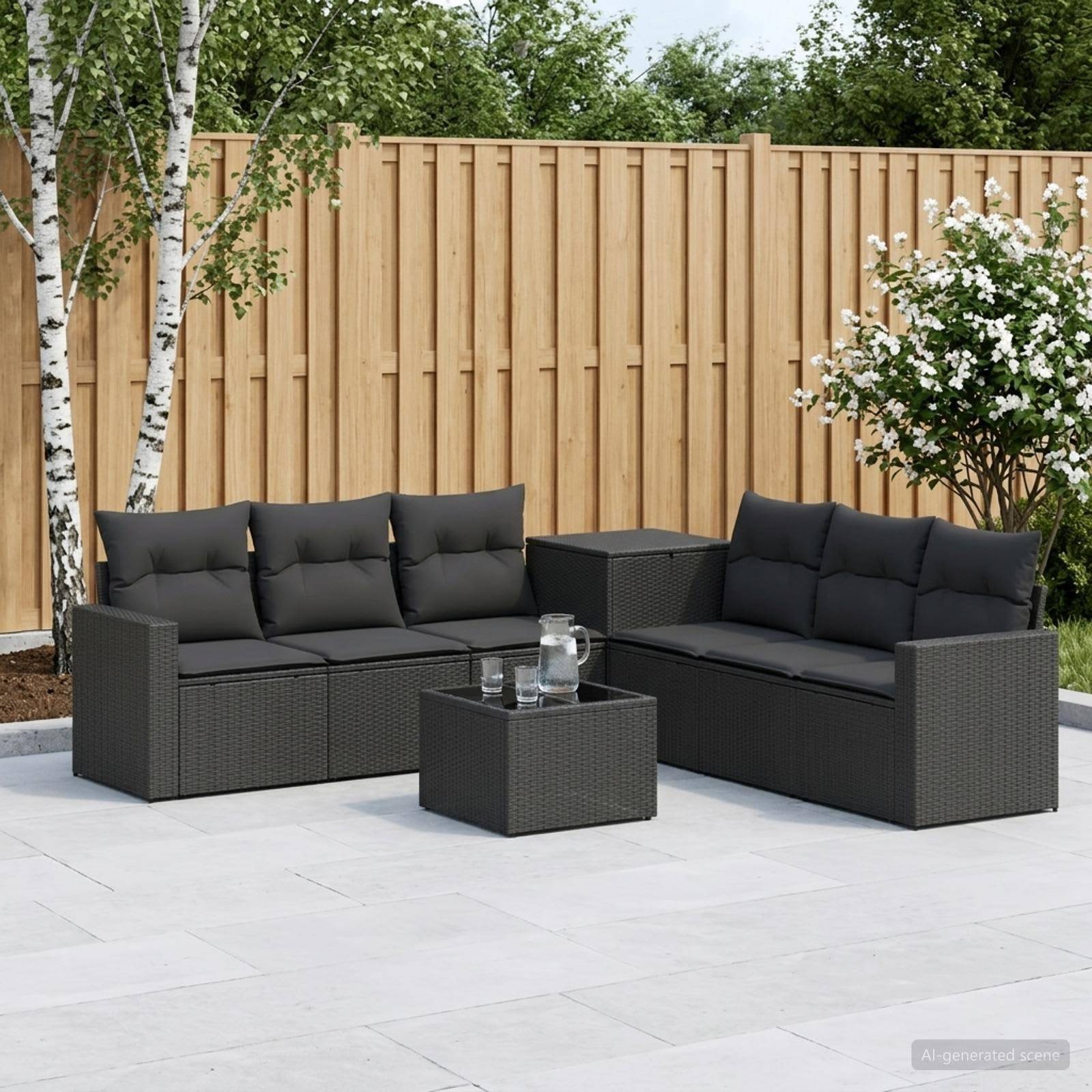 Outdoor-Sitzmöbel-Set mit zwei schwarzen Rattan-Sofas, einem kleinen Tisch und einem Beistelltisch vor einem Holzzaun und Bäumen.