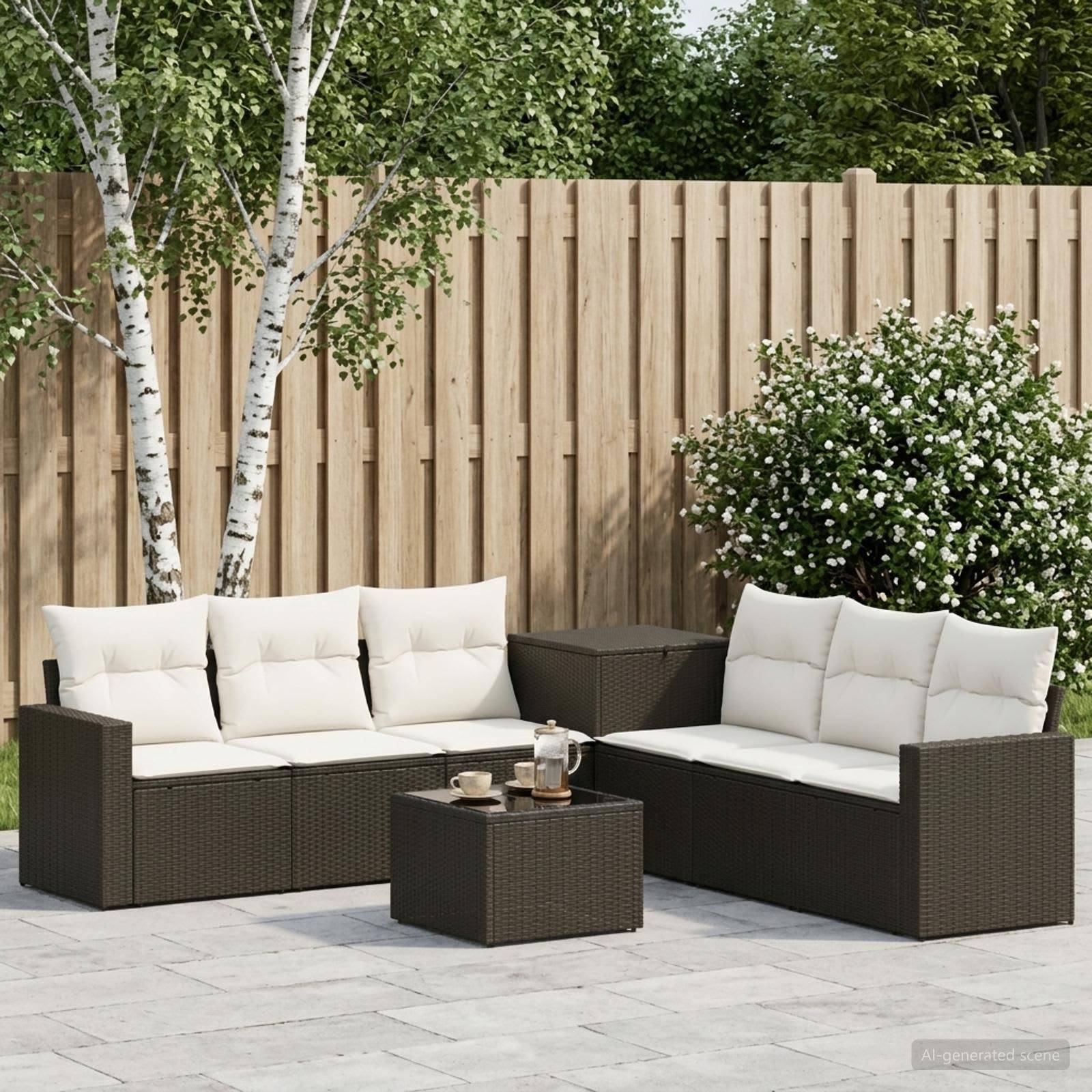 Außenbereich mit Terrassensitzplatz mit zwei Korbsofas, Couchtisch, weißen Kissen, Holzzaun, Birken und blühendem Strauch.