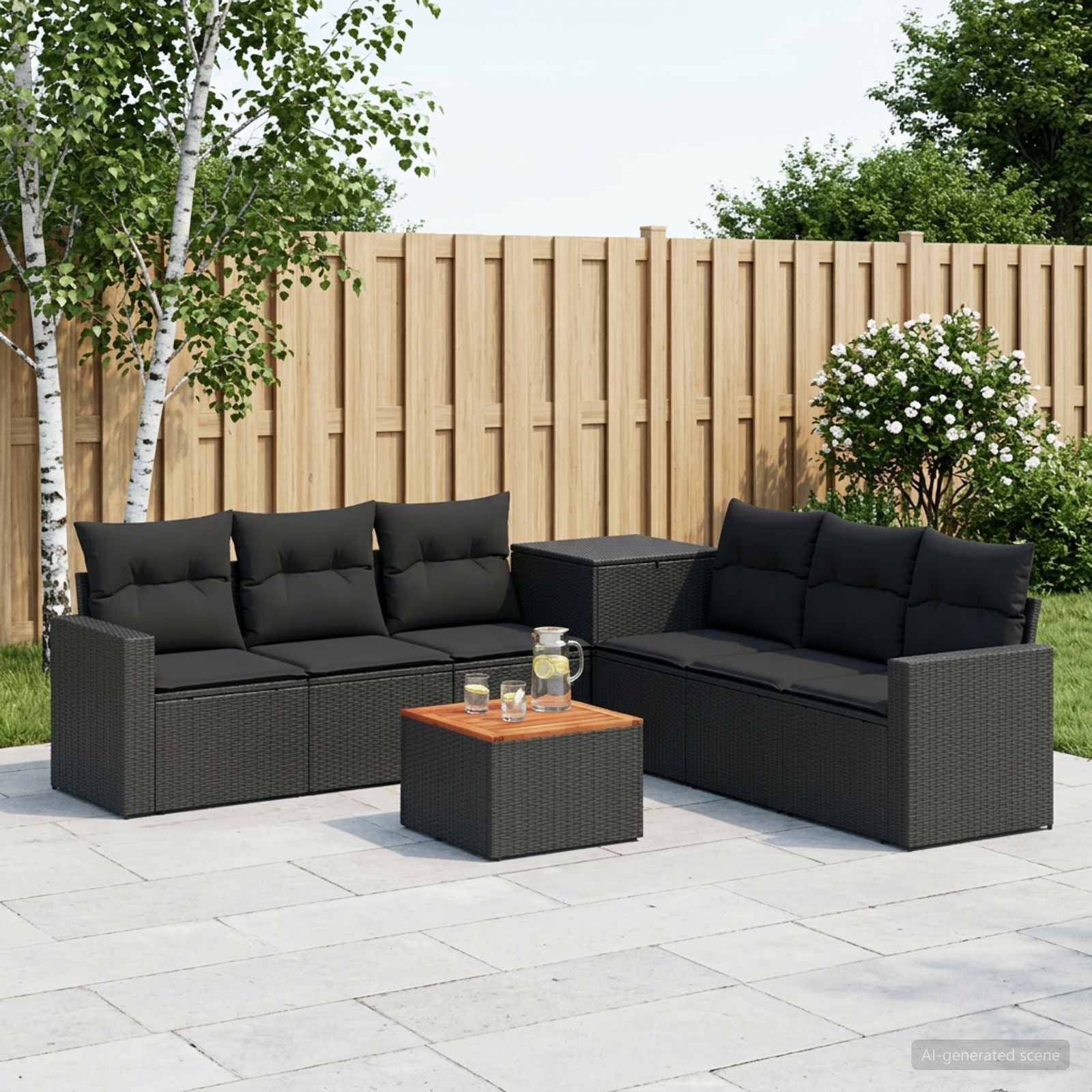 Überdachte Terrasse mit zwei schwarzen Korbsofas, einem kleinen Couchtisch und einem Beistelltisch in einem eingezäunten Garten mit Bäumen und Sträuchern.