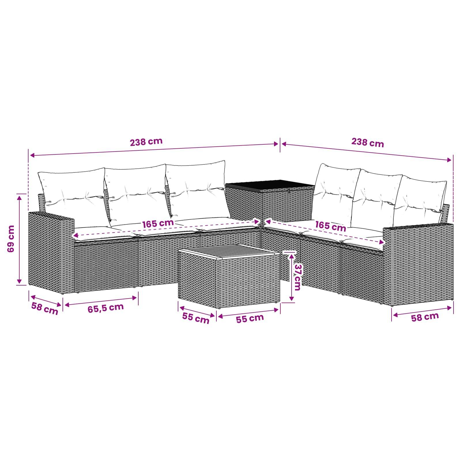 Outdoor-Rattan-Ecksofa-Set mit zwei 238 cm langen Zweisitzern, einem Ecksofa und einem 55 x 55 x 37 cm großen Couchtisch; 69 cm hoch und 58 cm tief.
